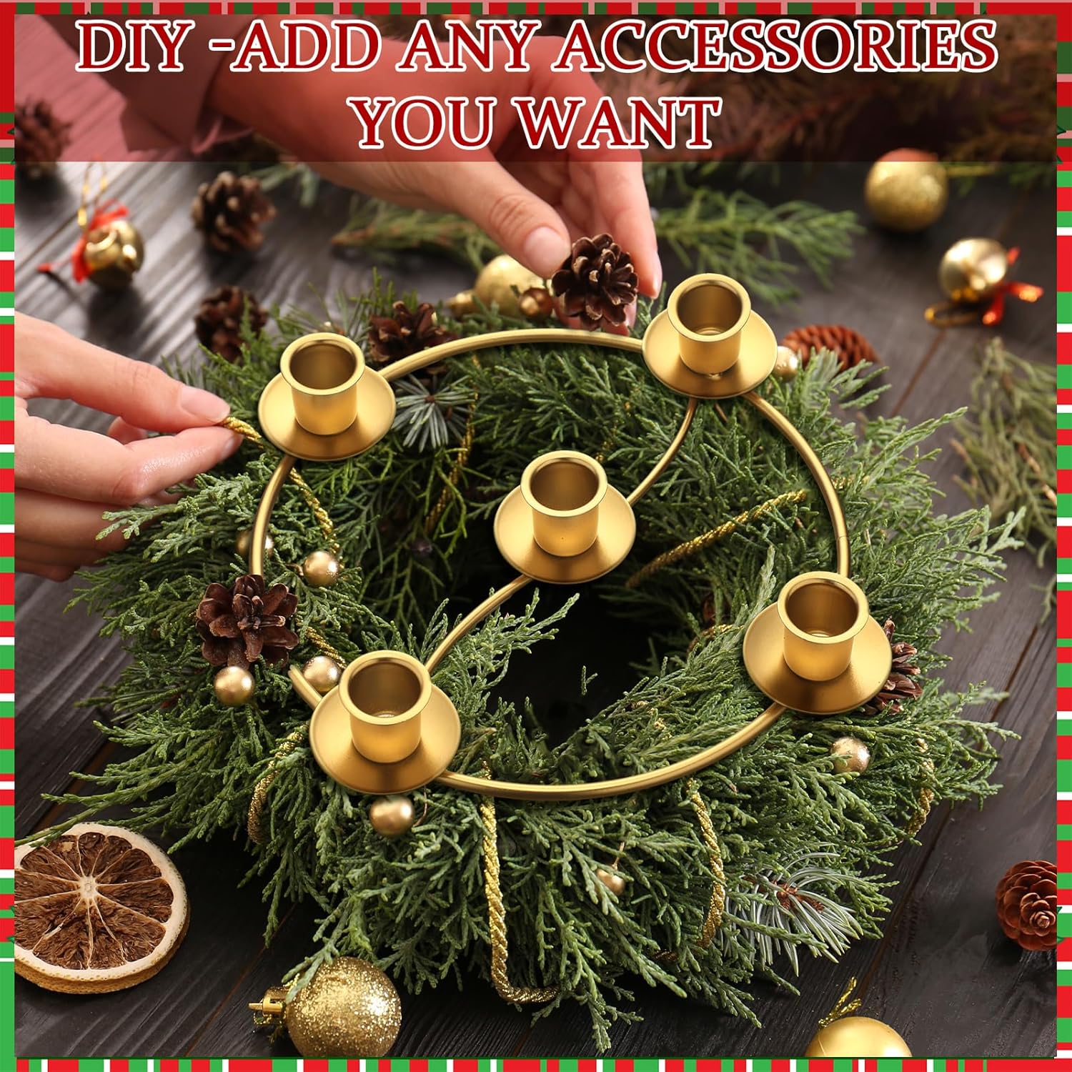 Sliner 8 Pcs Christmas Advent Wreath Ring 5 Candle Holder Gold Round Shape Advent Ring Candle Holder Metal Table Decoration for Taper Xmas Festival Home Centerpiece Decor