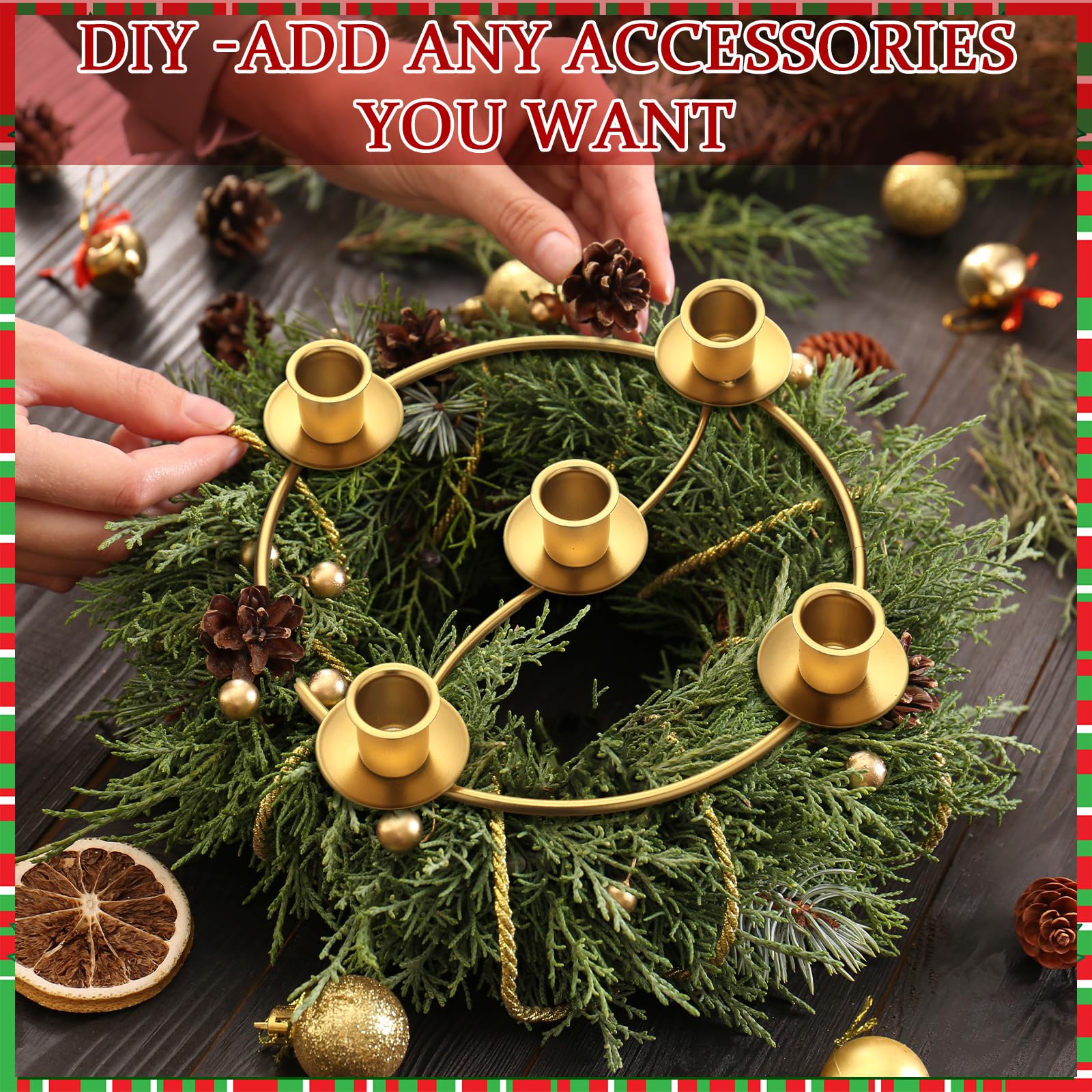 Sliner Adventskranzring für 5 Kerzen, goldfarben, runde Form, Adventsring, Kerzenhalter, Metall, Tischdekoration für Weihnachten, Festival, Heimdekoration, 8 Stück