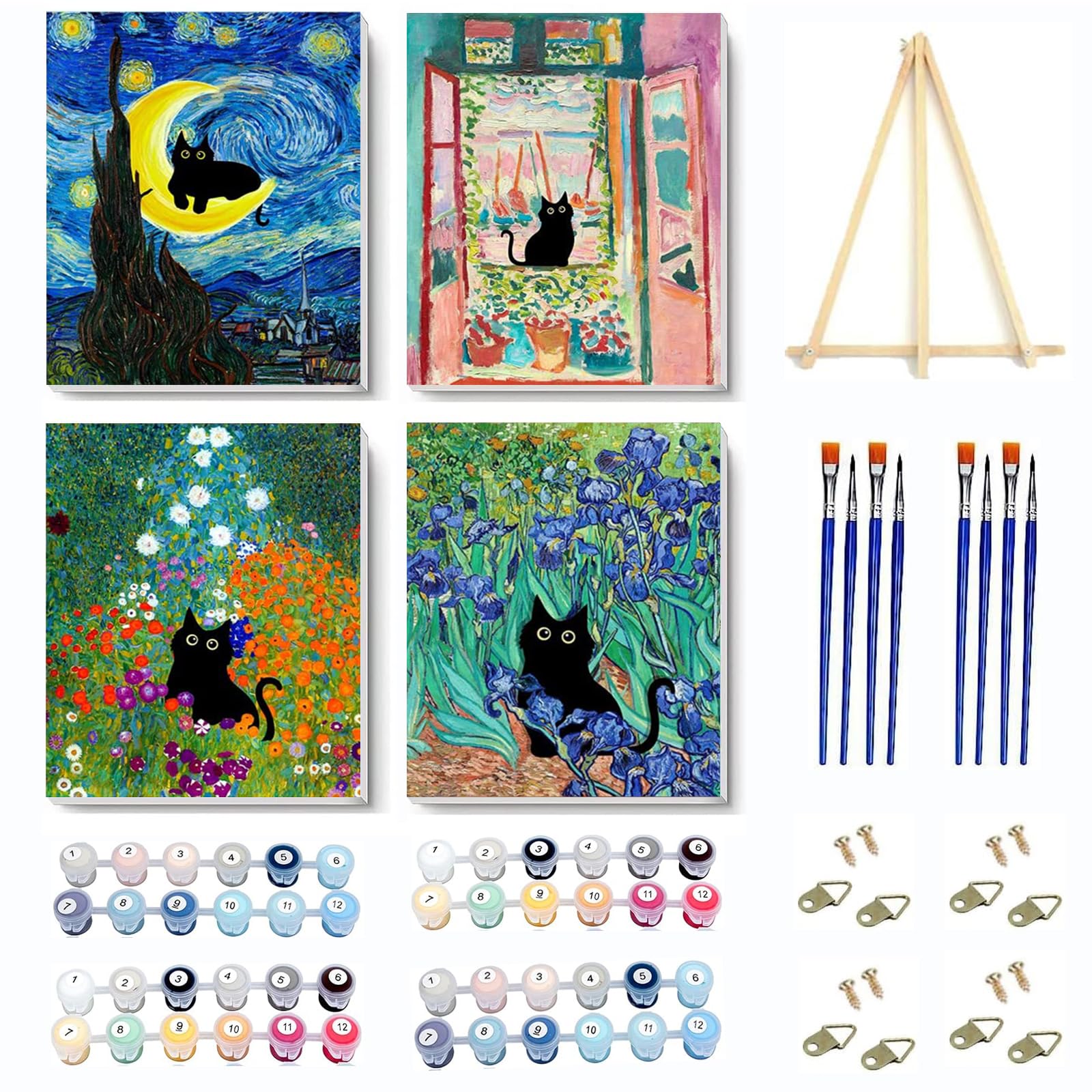 VIGEGU 4 Pack Paint by Numbers Kit for Adults Framed Canvas - with Wooden Easel,Adults' Paint-by-Number Kits Black Cat DIY Acrylic Landscape Oil Painting Arts Crafts 7.8x11.8inch