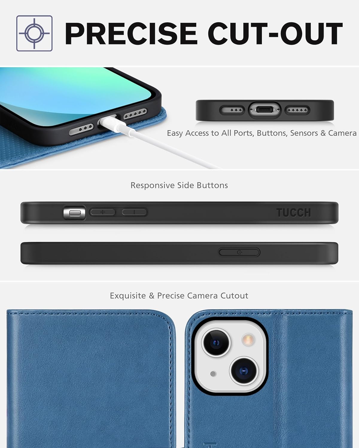 TUCCH Case Wallet for iPhone 13, Stand PU Leather Flip Folio Cover with [Credit Card Slot] Protective [Shockproof TPU Interior Shell] Compatible with iPhone 13 6.1-inch 2021 5G, Lake Blue