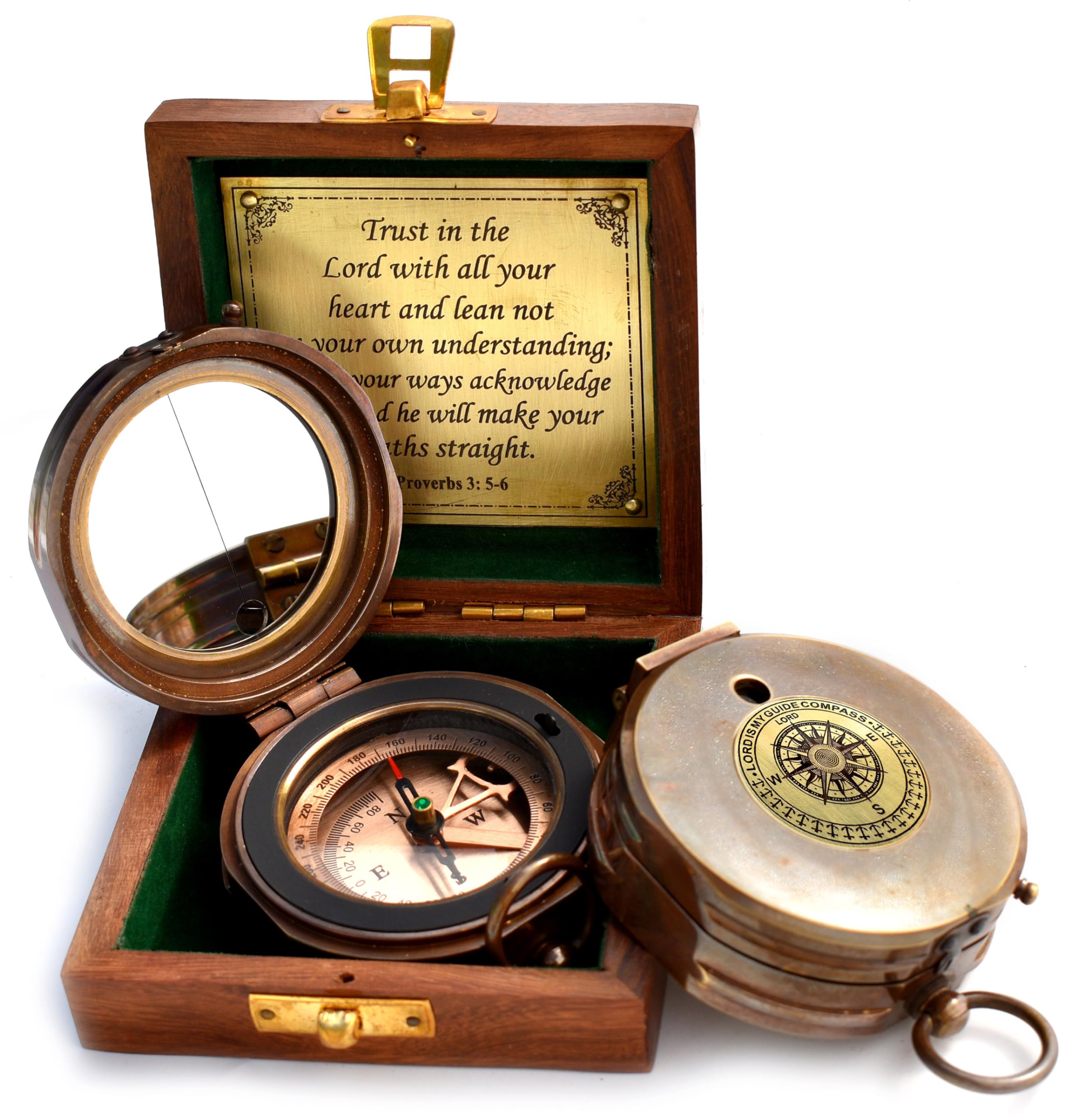 Kompass mit Gravur "Trust in The Lord with All Your Heart" – Sprüche 3: 5–6 Zitat mit Holzbox, Grußkarte, Geschenkkompass, 2023 Abschlussgeschenk, Taufgeschenke, Kompass für Frauen, Männer, Jungen,
