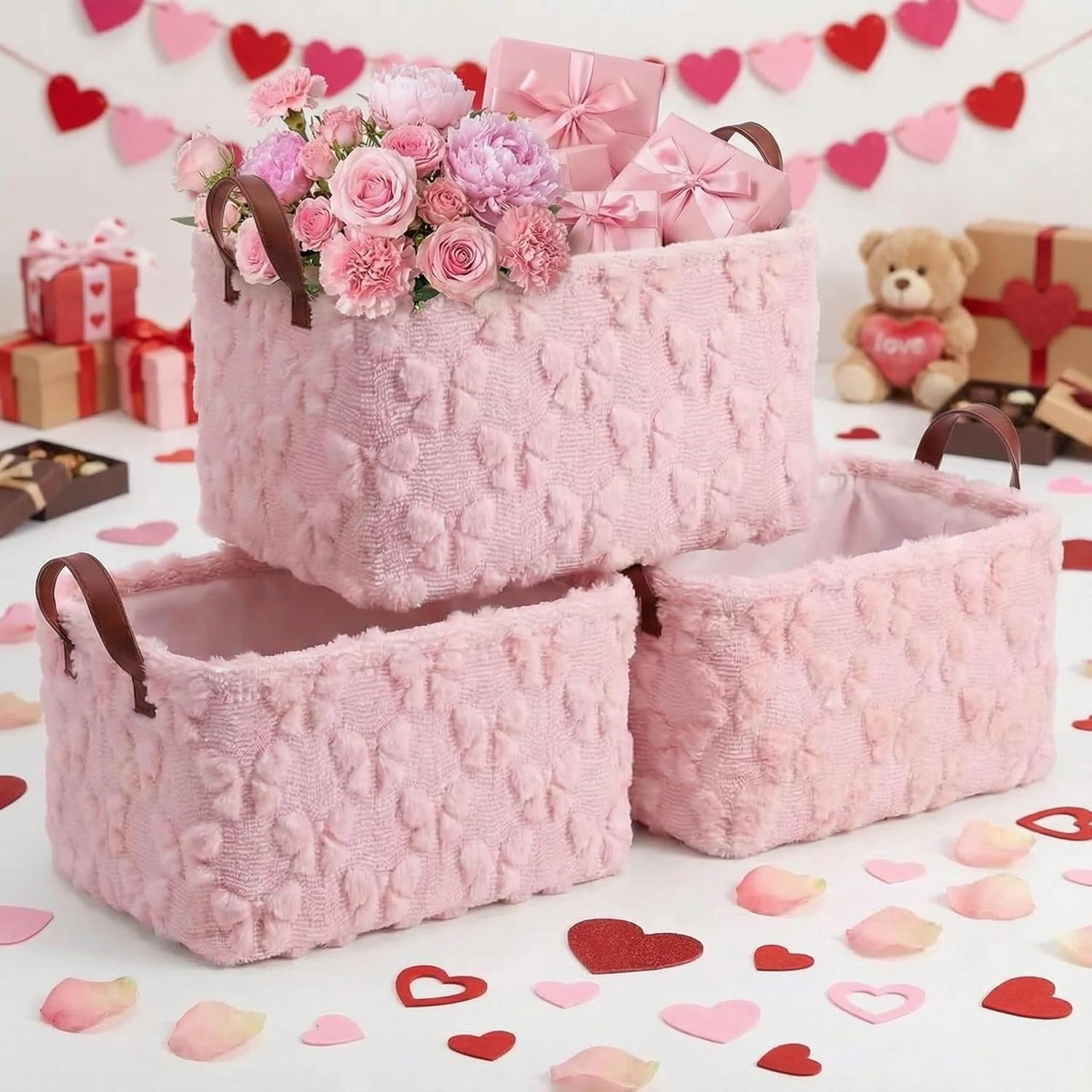 Kathfly 3 Pcs Bow Foldable Storage Baskets Pink Bow Plush Faux Fur Jacquard Design Laundry Basket with Handles Waterproof Storage Bins Fabric Shelf Baskets for Organizing Closet Clothes