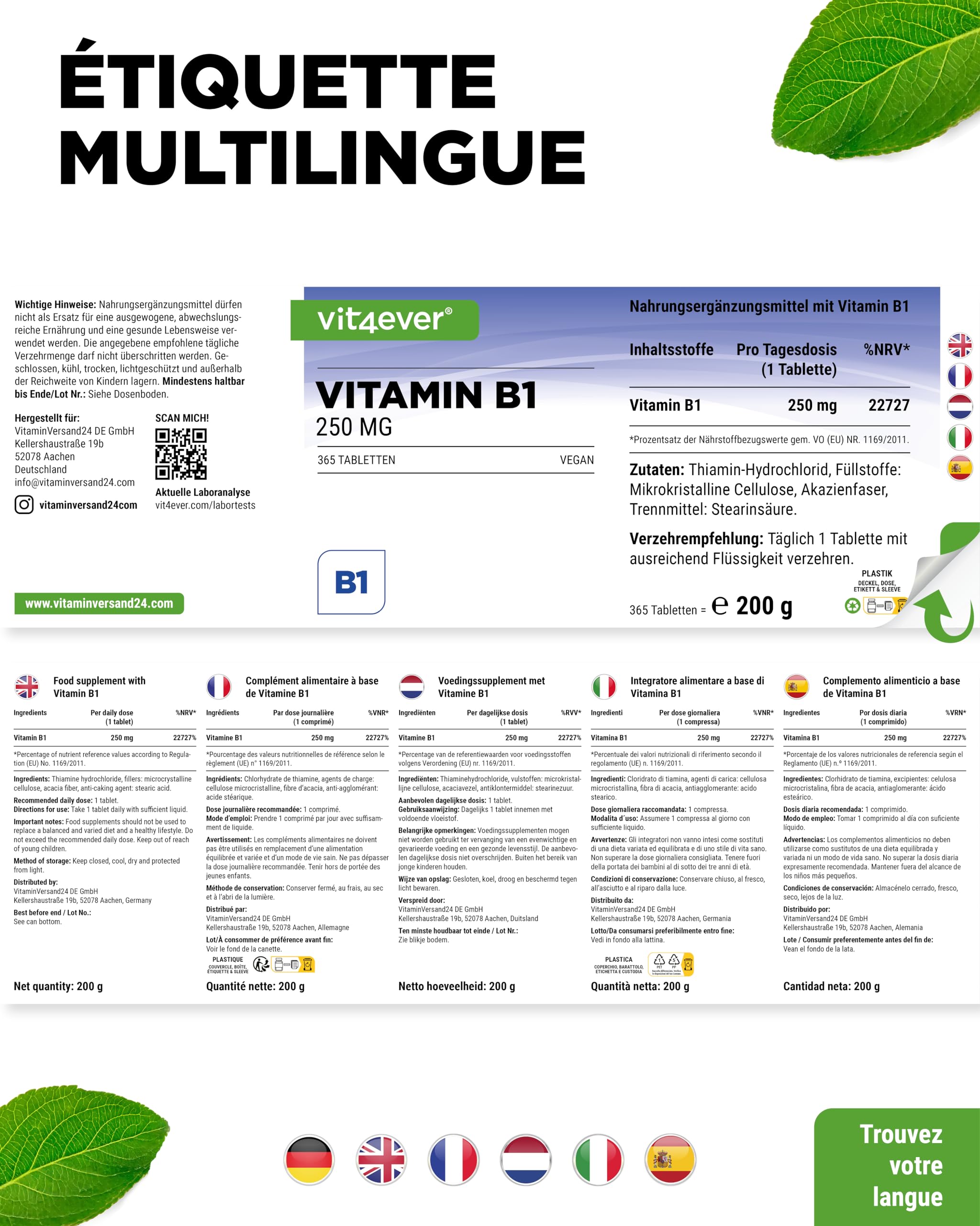Vitamine B1 (Thiamine) - 250 mg - 365 Comprimés - Premium : Thiamine Hydrochloride - Haute biodisponibilité - Réserve de 12 mois - Sans additif indésirable - Vegan