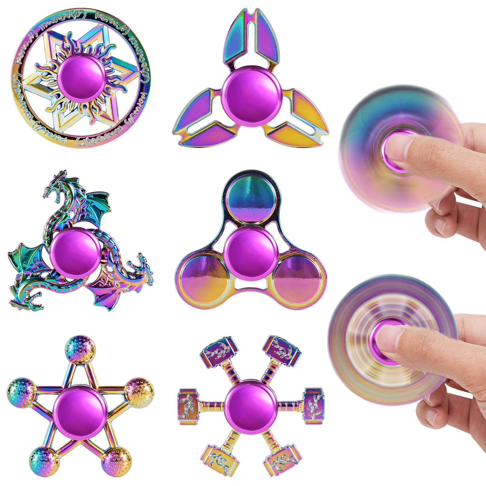6 Pack Rainbow Metal Fidget Spinners Sensory Fidget Toy for Kids Adults Durable Office Desk Sensory Toys for Stress Relief & Anxiety, Classroom Prizes, Christmas Party Bag Filler