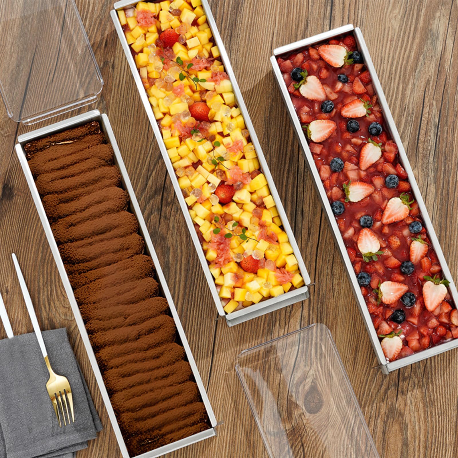 Generisch 3 Tiramisu Formen aus Edelstahl | mit Holzgriff, Spatel, abnehmbarer antihaftbeschichteter Kuchenform vorne, robustes Backgeschirr