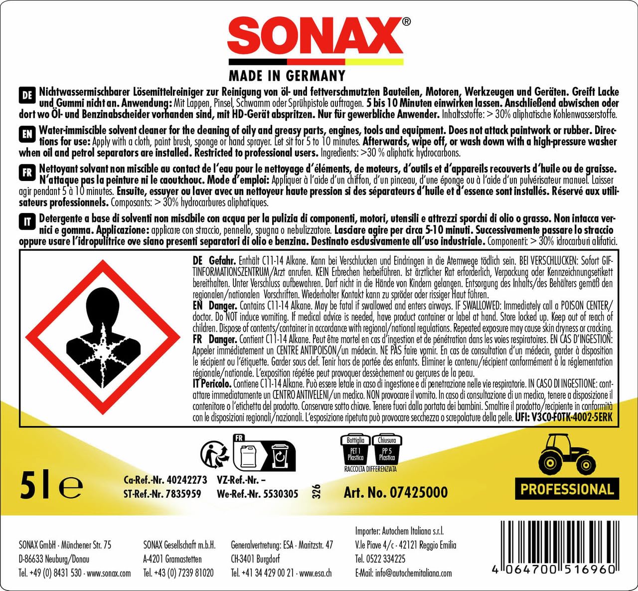 SONAX AGRAR Dégraissant (5 litres) nettoyant Puissant pour Moteurs, Outils et appareils Gras | Réf: 07425000