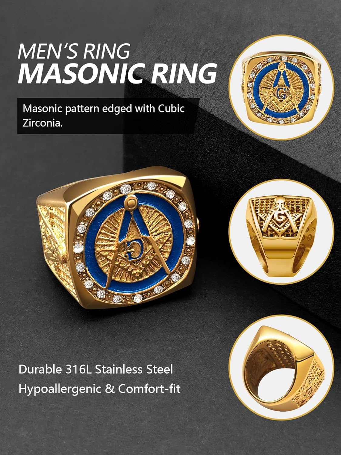 Masonic Signet Rings for Men, 316L Stainless Steel/18K Real Gold/Black Metal Freemason Jewelry, Punk Biker Mason Ring, Size 7-12