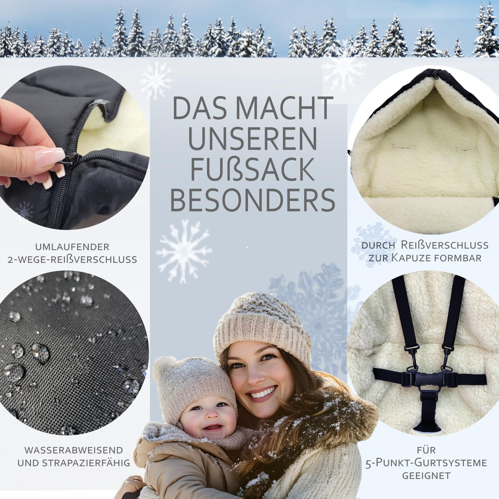 BAMBINIWELT Fußsack aus Lammwolle 108 cm – Winterfußsack für Kinderwagen, Buggy, wasserabweisend (schwarz)