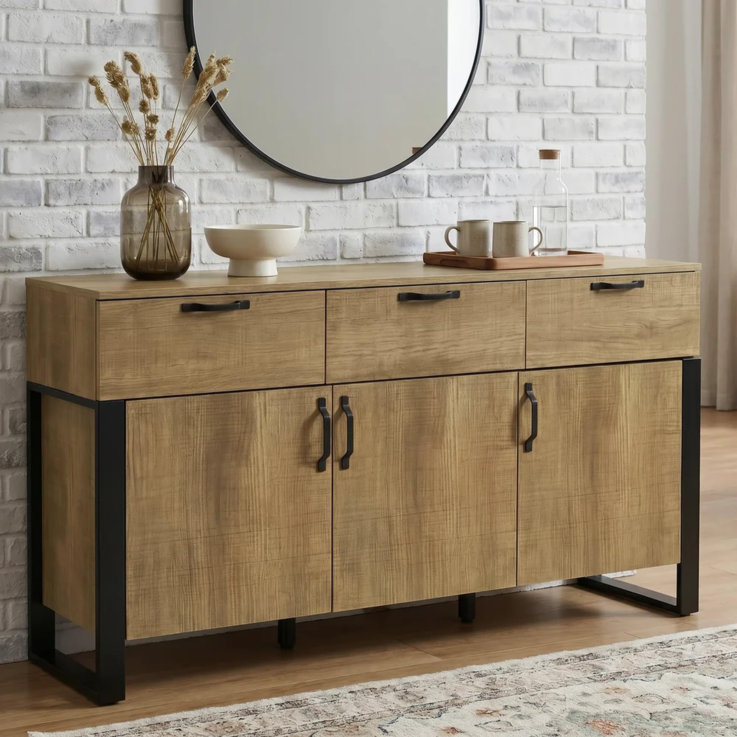 Blisswood Industrial Sideboard Cabinet 150cm, 3 Door & 3 Drawer Storage Unit with Wide Black Iron Legs, 3 Adjustable Shelves with Wood Effect, Soft Close Hinges & Metal Handles, Oak