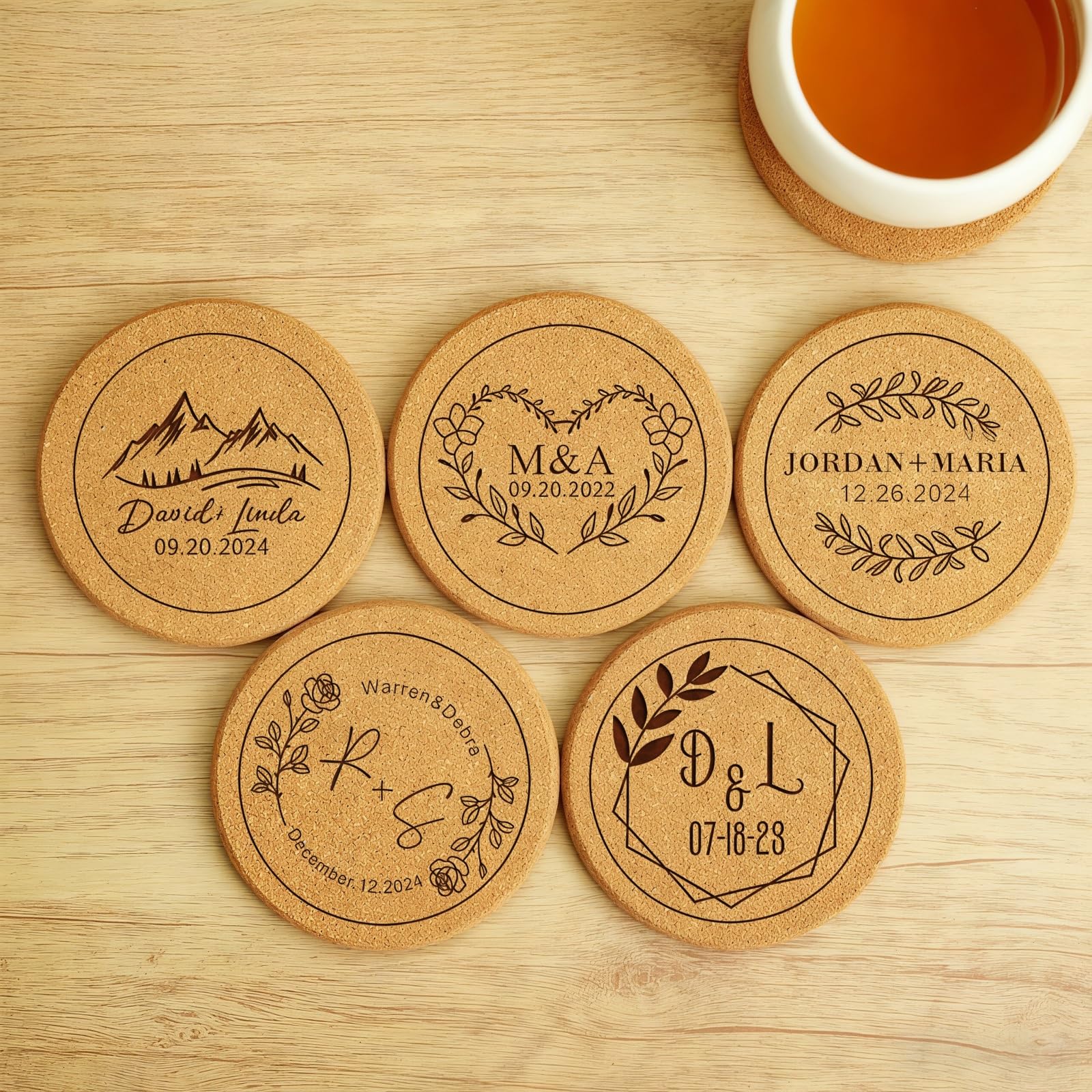 5-100 Pcs Custom Cork Coasters With Engraved Name, Personalized Round & Square Rustic Coasters For Wedding Favors, Housewarming Gifts