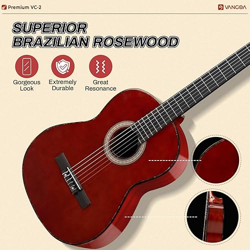 Miniatura 17 de Vangoa Guitarra clásica, cuerda de nailon de 39 pulgadas, guitarra española para principiantes de tamaño completo con tapa de abeto y parte trasera