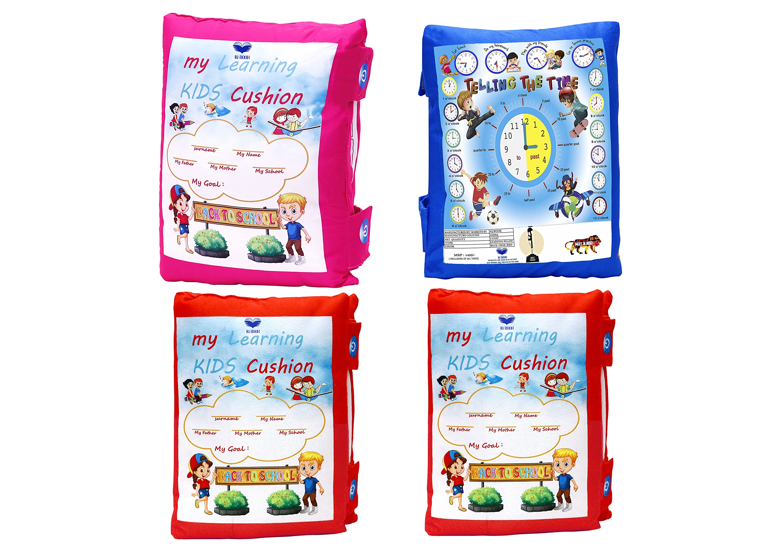 Factory Connection IQ Book | 14 Side Learning Pillow for Kids, Sitting Washable Kids Sleeping with Alphabet, Indian State Educational Fun Purpose Pack of 4 (Blue & Pink Red Red)