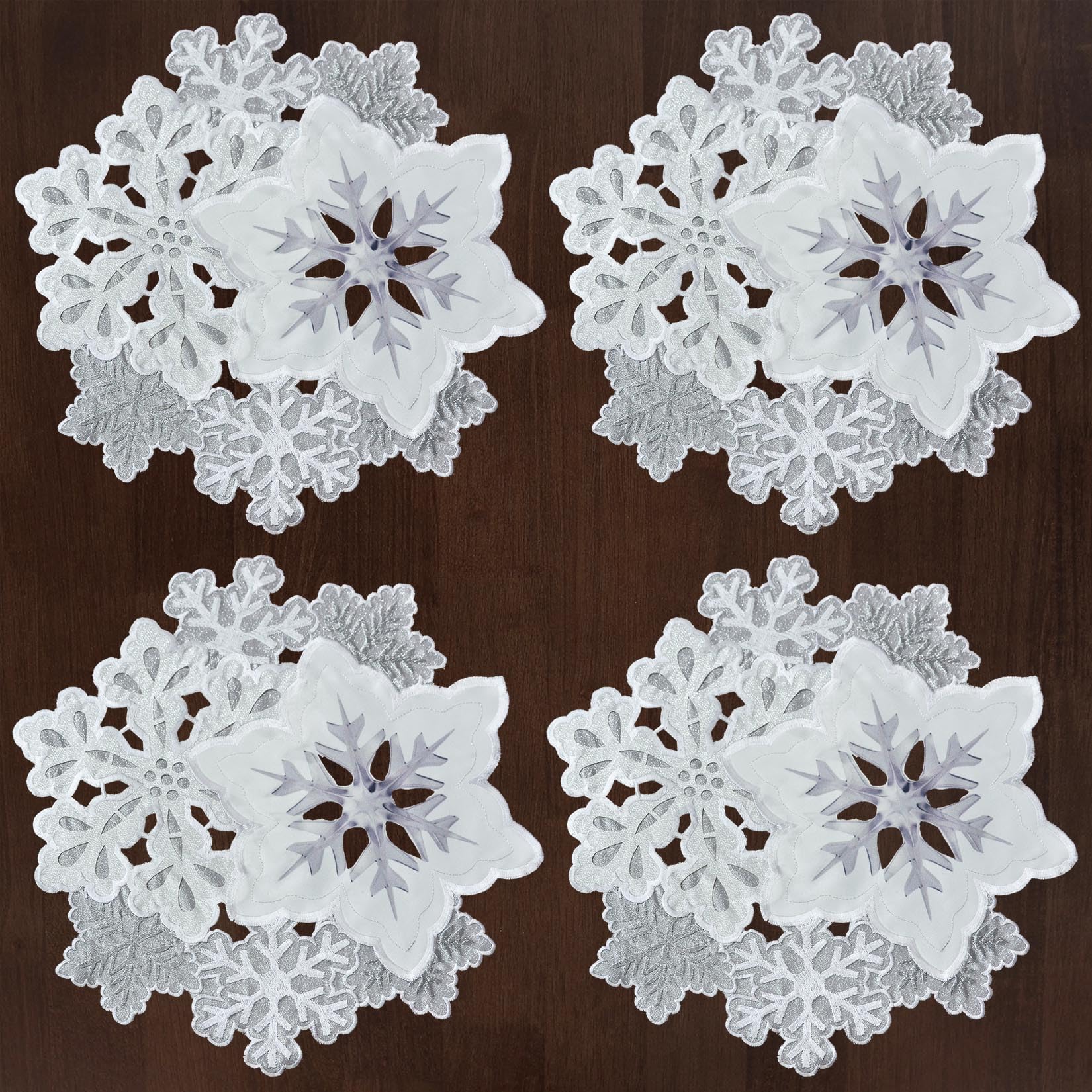 Grelucgo Machine Embroidered and Hand Cut Silver Grey and White Snowflakes Round Table Doily Placemats for Christmas Holiday (Round 16 inches (4 Pieces))