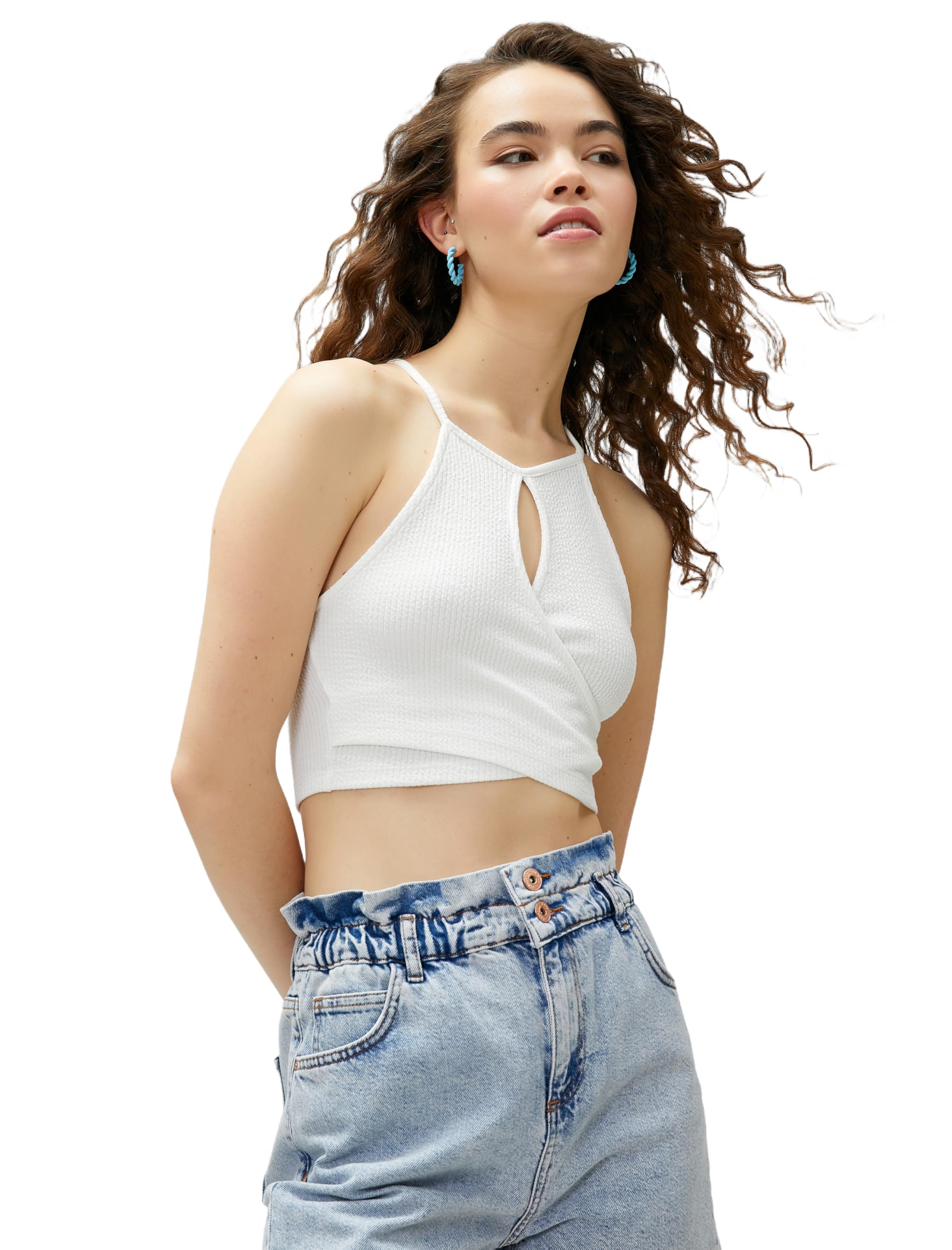 Koton Women's Halter Neck Cut Out Detail Ribbed Crop Tank top, Ecru (010), XS