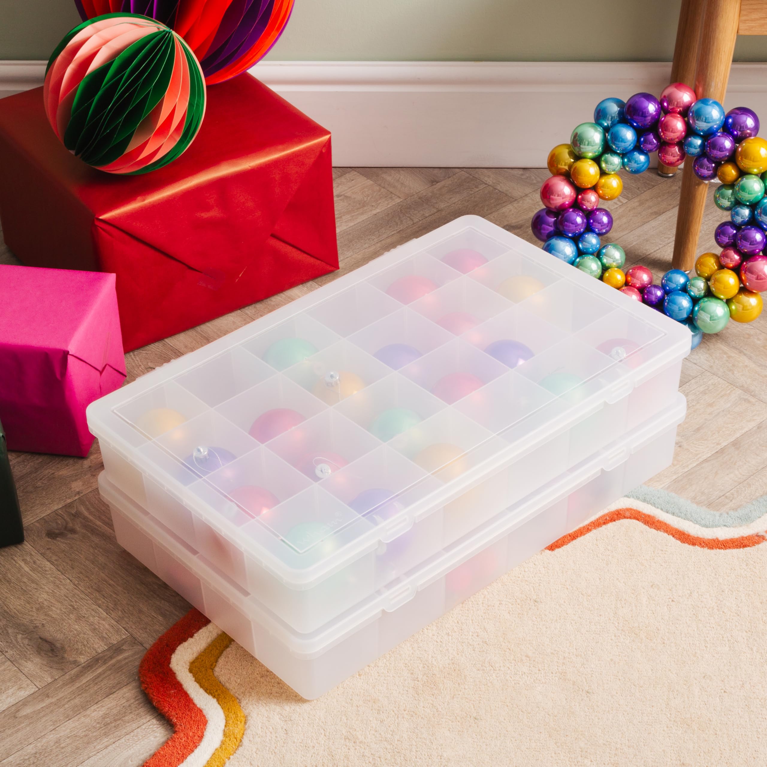 Wham Festive 2 x Extra Large Christmas Bauble Storage Boxes | 24-Compartment Plastic Organisers | Ideal for Ornaments, Baubles, Crafting, DIY & More | Made in UK