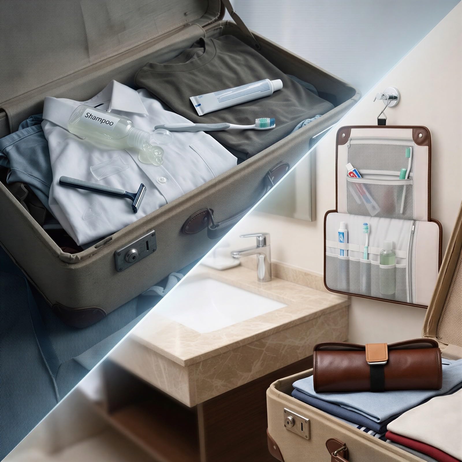 Trousse de Toilette pour Homme, Trousse de Voyage compacte en Cuir PU, Organiseur déroulant pour Salle de Bain avec 13 Poches, pour kit de Rasage et Essentiels d’hygiène