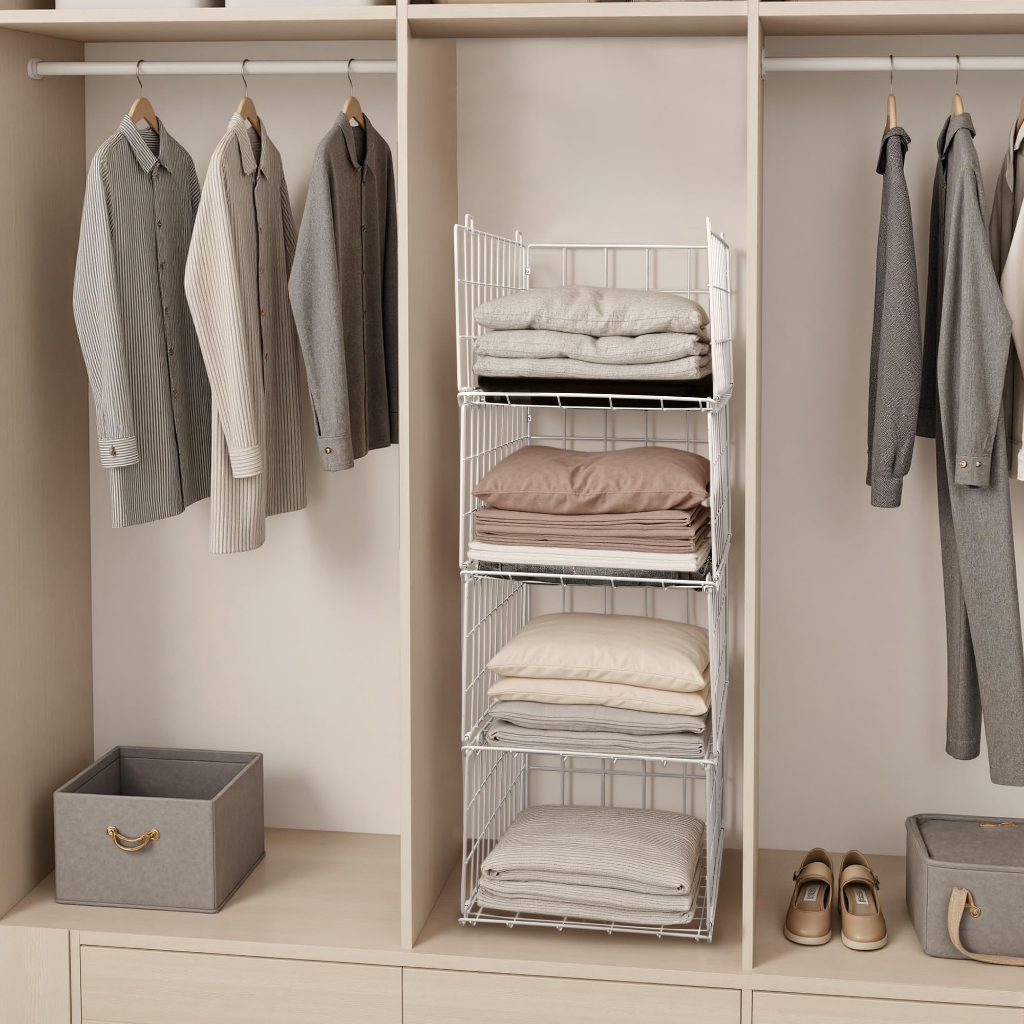 QIWODE Lot de 4 paniers de rangement empilables en fil métallique pour vêtements Blanc