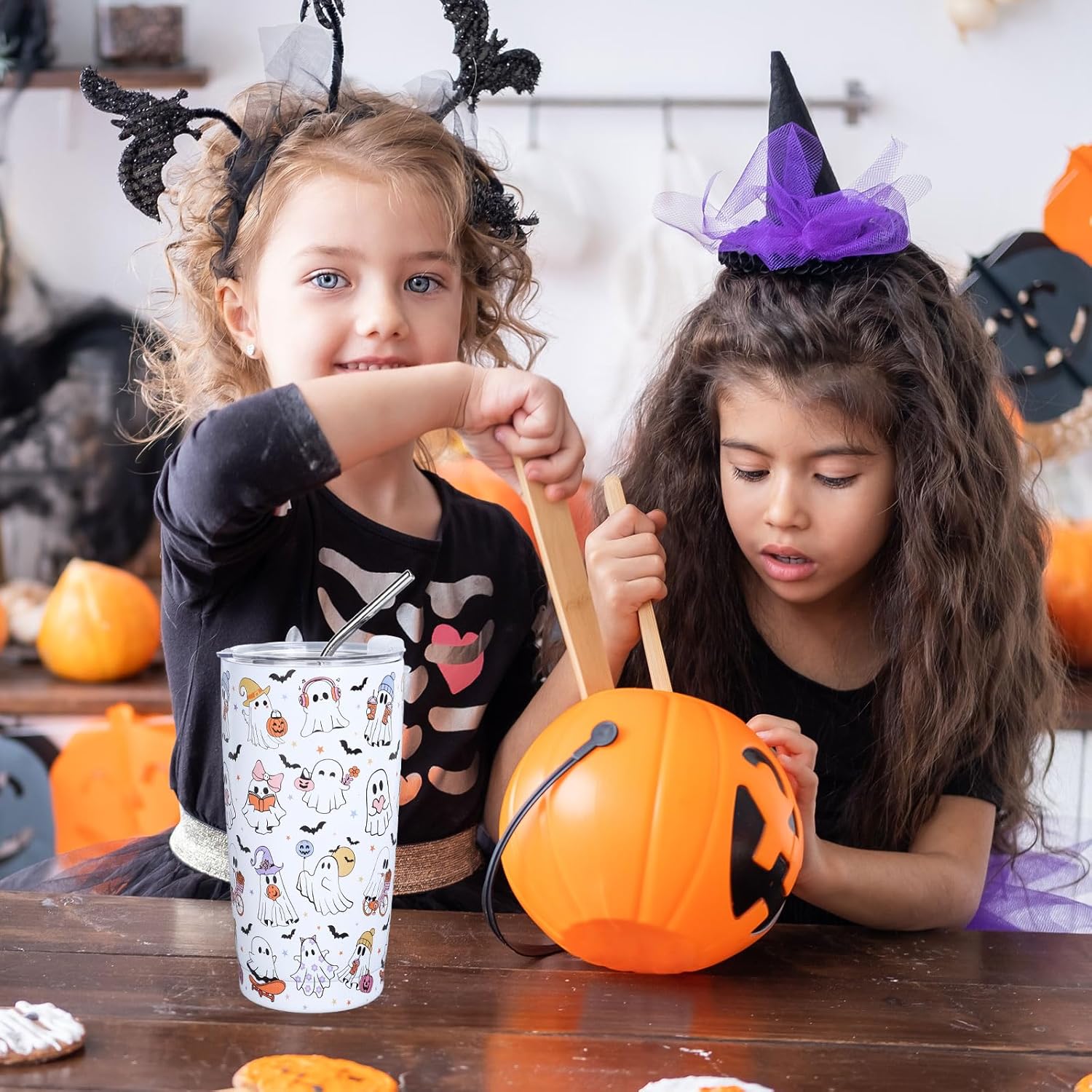 Whaline Halloween Ghost Tumbler 20oz Stainless Steel Travel Tumbler with Lid Straw Brush Cute Ghost Bat Coffee Mug Cup Halloween Boo Spooky Gifts for Women Travel Birthday Horror Gift - Image 6