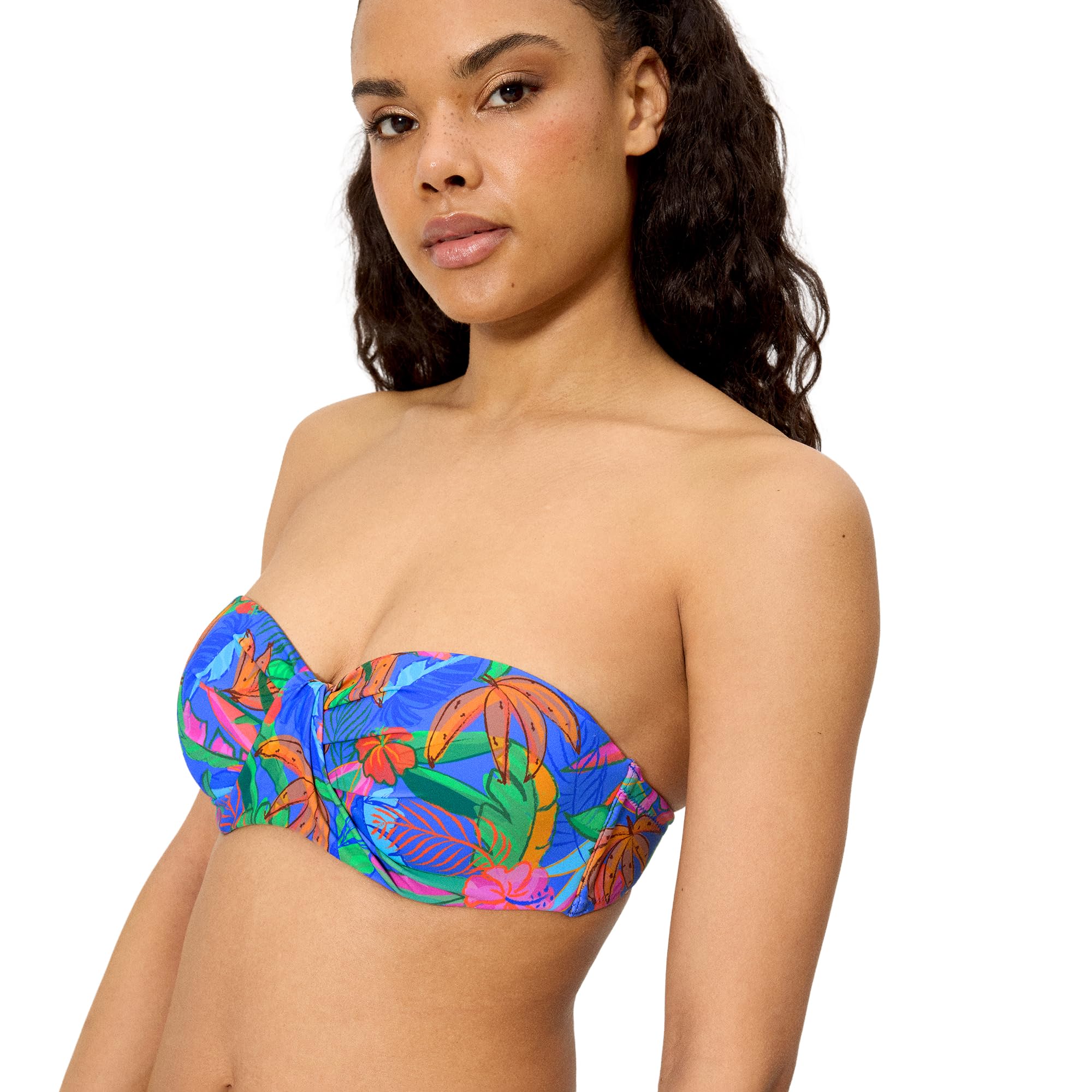 YSABEL MORA. Top Bikini Bandeau Estampado Tropical Copa C. con Aro Y Relleno. Tirantes Desmontables Anudados Al Cuello. Diseño Estampado Tropical con Detalle Drapeado .Colección Palms.