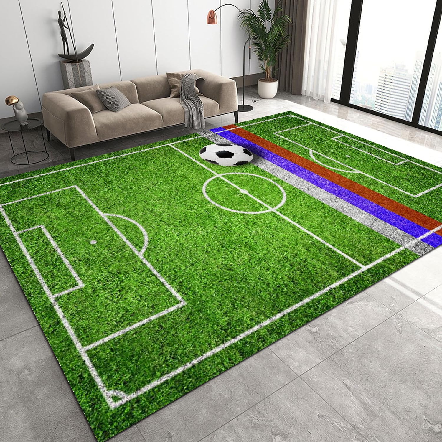 Teppich Wohnzimmer 140x200 cm 3D Druck Fußballfeld Muster Fußball Sport Grünes Gras Teppich Kaschmirimitat Anti Rutsch Leicht zu reinigen Waschbare Rückseite für Balkone Korridore Restaurants Q-28