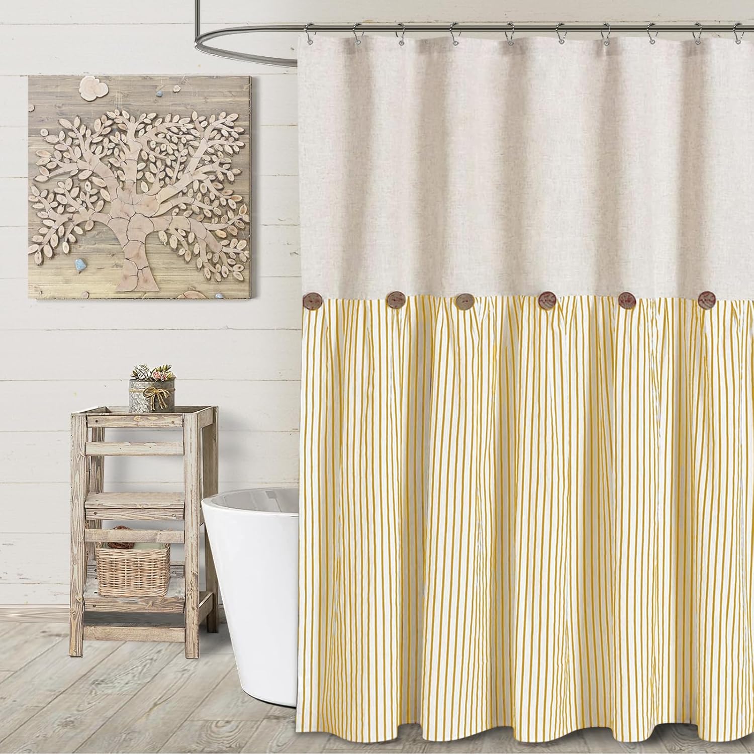 Awellife Farmhouse Yellow Shower Curtain Button Linen Textured Woven Fabric,Pleated Yellow Stripe,Country Style,72x72 Inch Yellow Stripe 72"W x 72"L