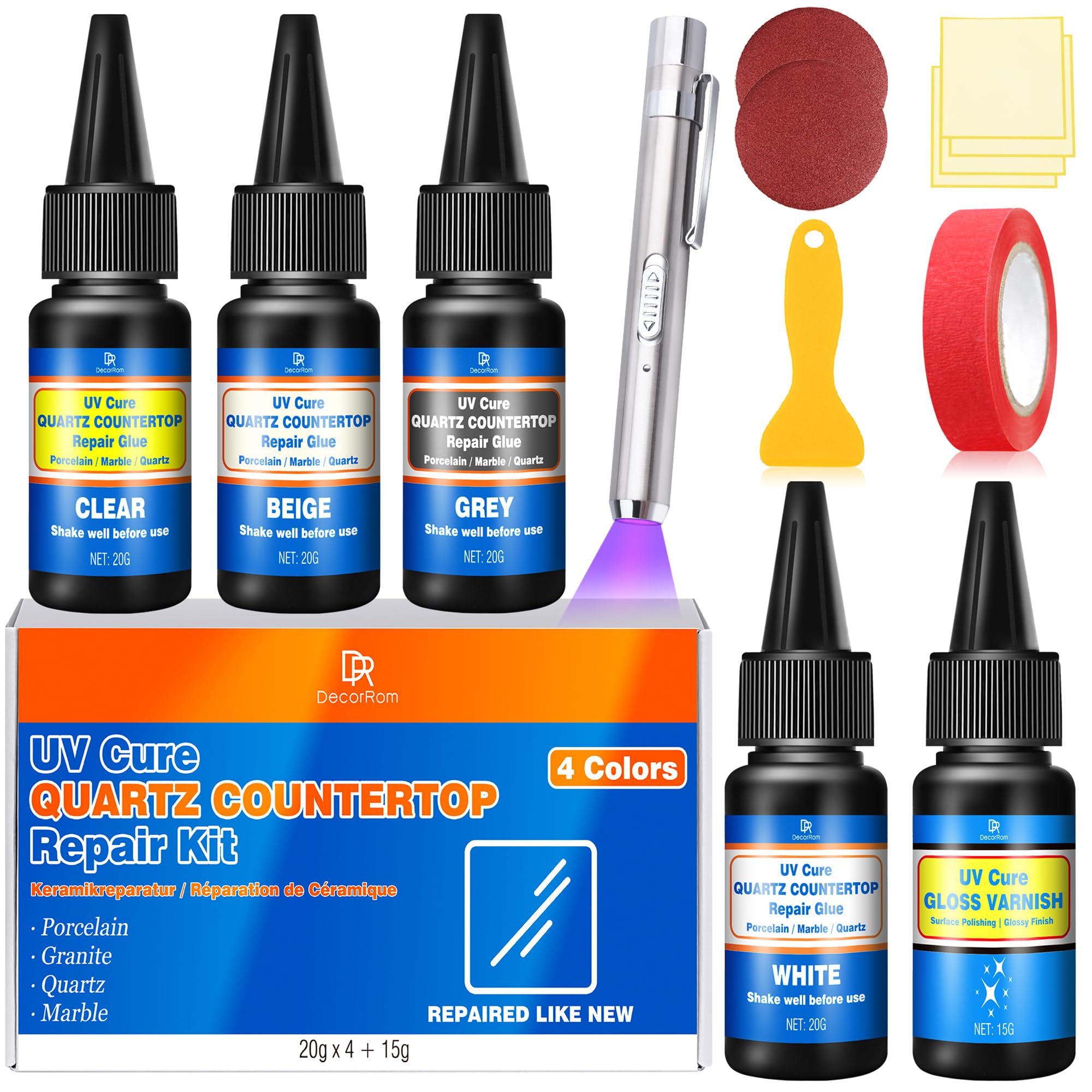 Quartz Countertop Repair Kit, 4 Colours UV Ceramic Tile Repair Kit (White, Beige, Gray, Clear) Fast Curing Odorless for Repairing Tile, Granite, Ceramic, Bathtub, fibreglass with Cracks and Scratches