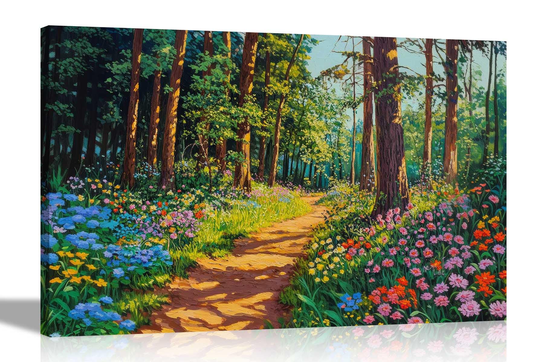Artley Prints - Colourful Forest Vivid Summer Flowers Canvas Wall Art Prints for Living Room Home Bedroom Decor Pictures 60 x 40cm (24 x 16 inches) A2