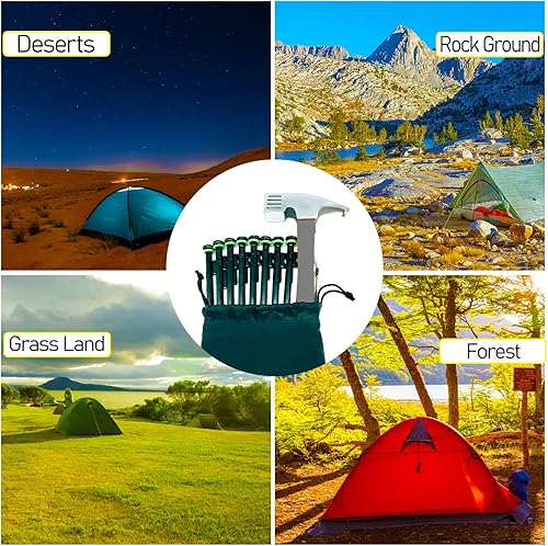 Miniatura 6 de Juego de estaca y martillo para tienda, 8 estacas de tienda de campaña resistentes de 10 pulgadas con martillo de campamento de 12 pulgadas, bolsa