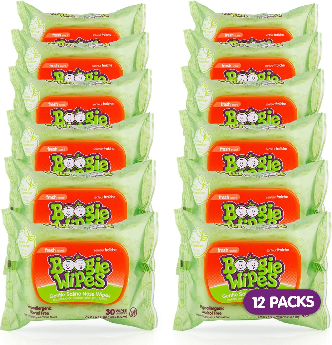 Saline Nose Wipes by Boogie, for Baby & Kids, Face, Hand & Body, Made with Vitamin E, Aloe, and Natural Saline, Fresh Scent, 30 Count (Pack of 12)
