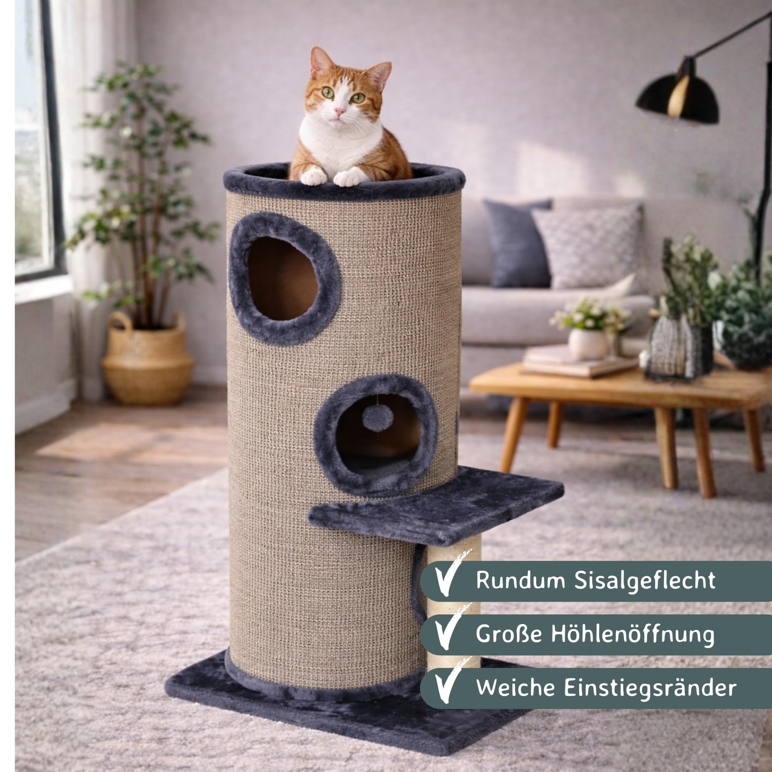 nanook Casimir - Kratztonne XL, 3 Etagen, seitlicher Sitzplatz mit Sisalstamm - Höhe: 102 cm - Farbe: grau