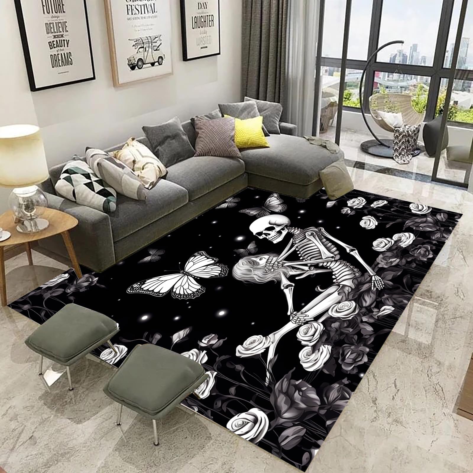 Tapis de sol antidérapant tête de mort et champignon imprimé 3D pour salon et chambre