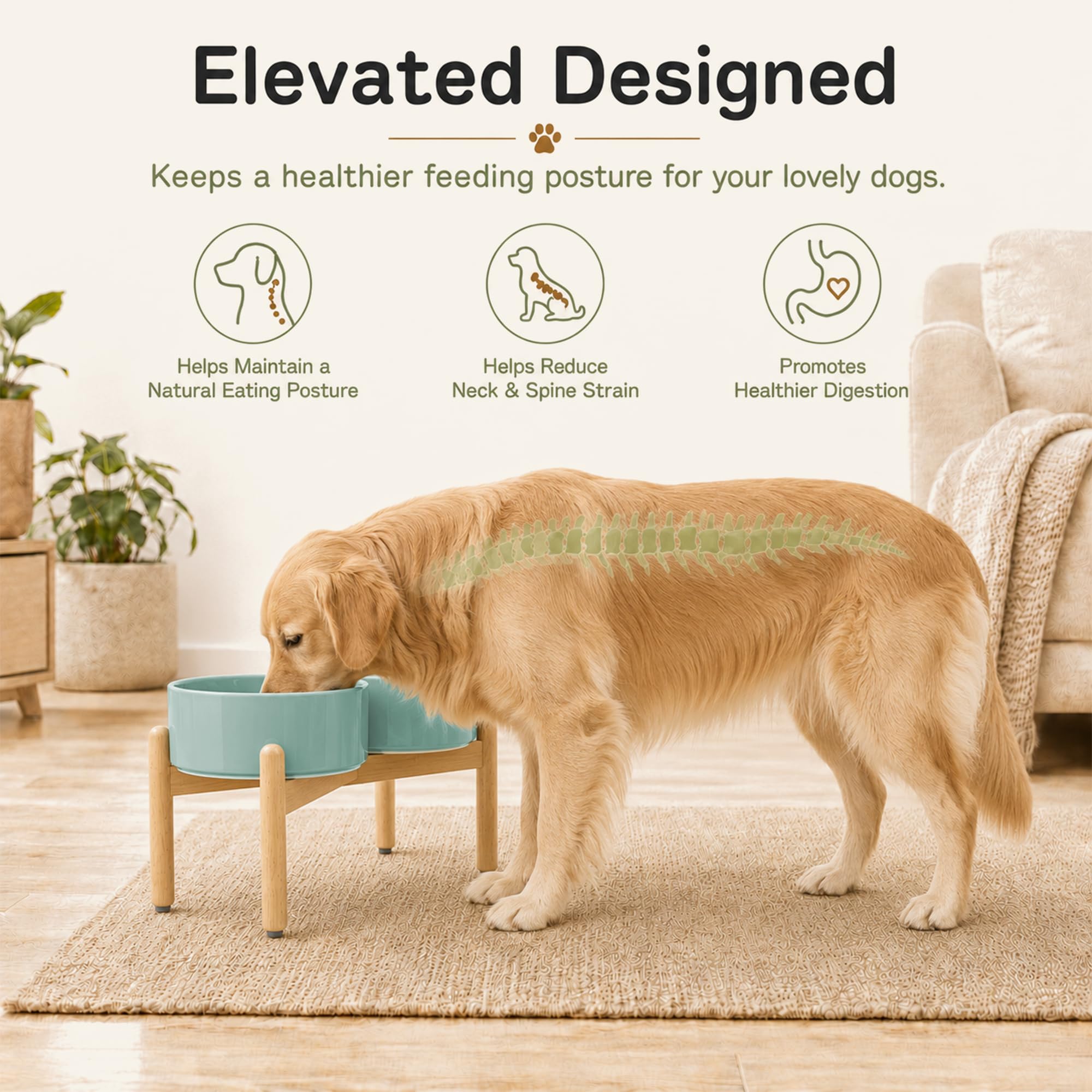 Havniva erhöhte Hundeschalen, Keramik-Hundefutterschalen mit Ständer | 21 cm erhöhte Hundenäpfe mit rutschfestem Holzständer, Futter- und Wassernapf-Set, Doppel-Hundenäpfe für große Hunde