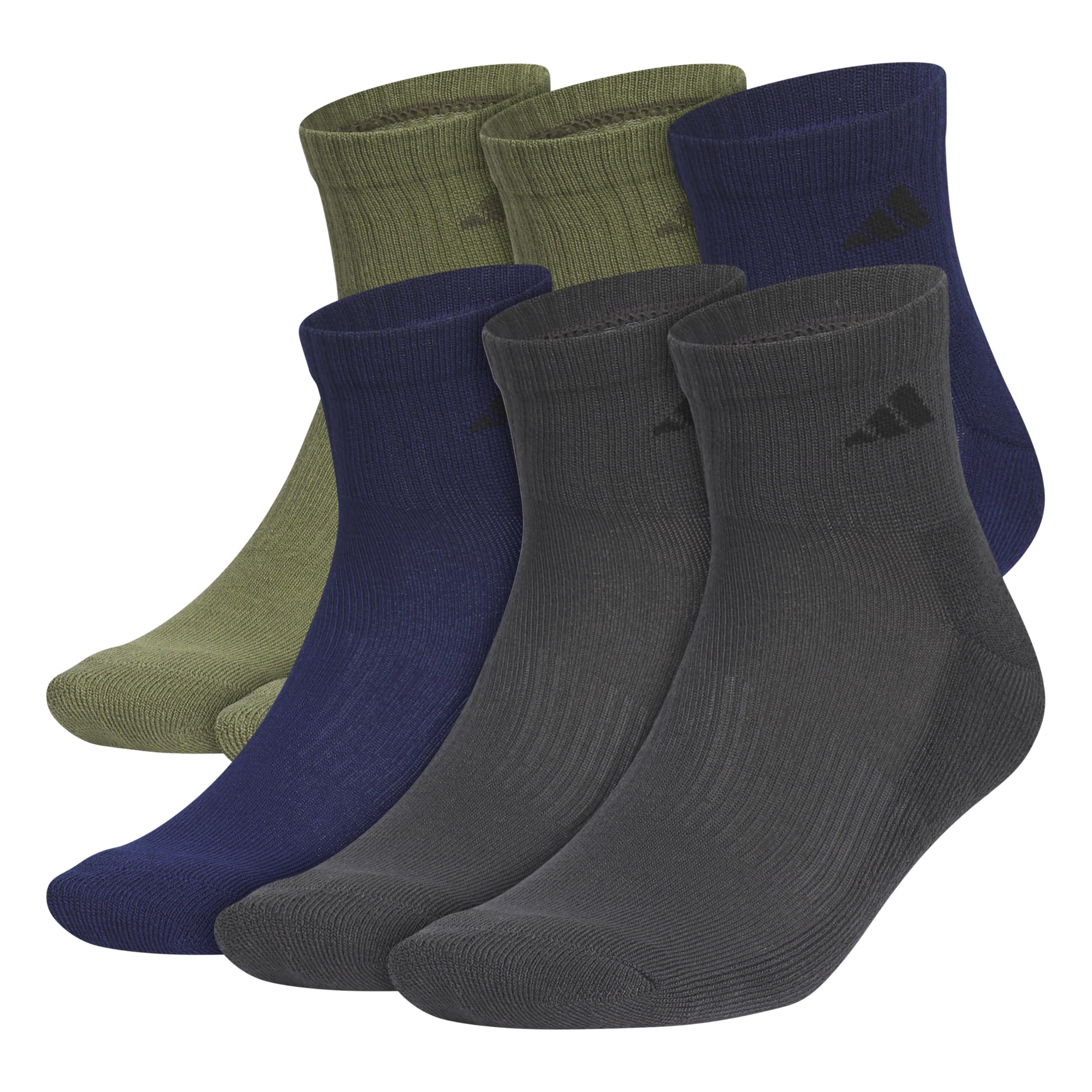 adidas 6 par wyściełanych skarpet ćwiartkowych dla mężczyzn z uciskiem łuku stopy dla bezpiecznego dopasowania (6 par), oliwkowozielone/ciemnoniebieskie/szare, Oliwkowa zieleń/ciemnoniebieski/szary