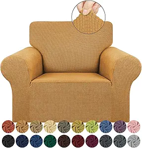 KEKUOU Stretch Single Sofa Slipcover 1 Piece Couch Sofa Cover (31"-55") Furniture Protector 1 Seater Sofa with Elastic Bottom for Kids,Pet.Jacquard Small Checked Pattern Fabric(Small,Golden)