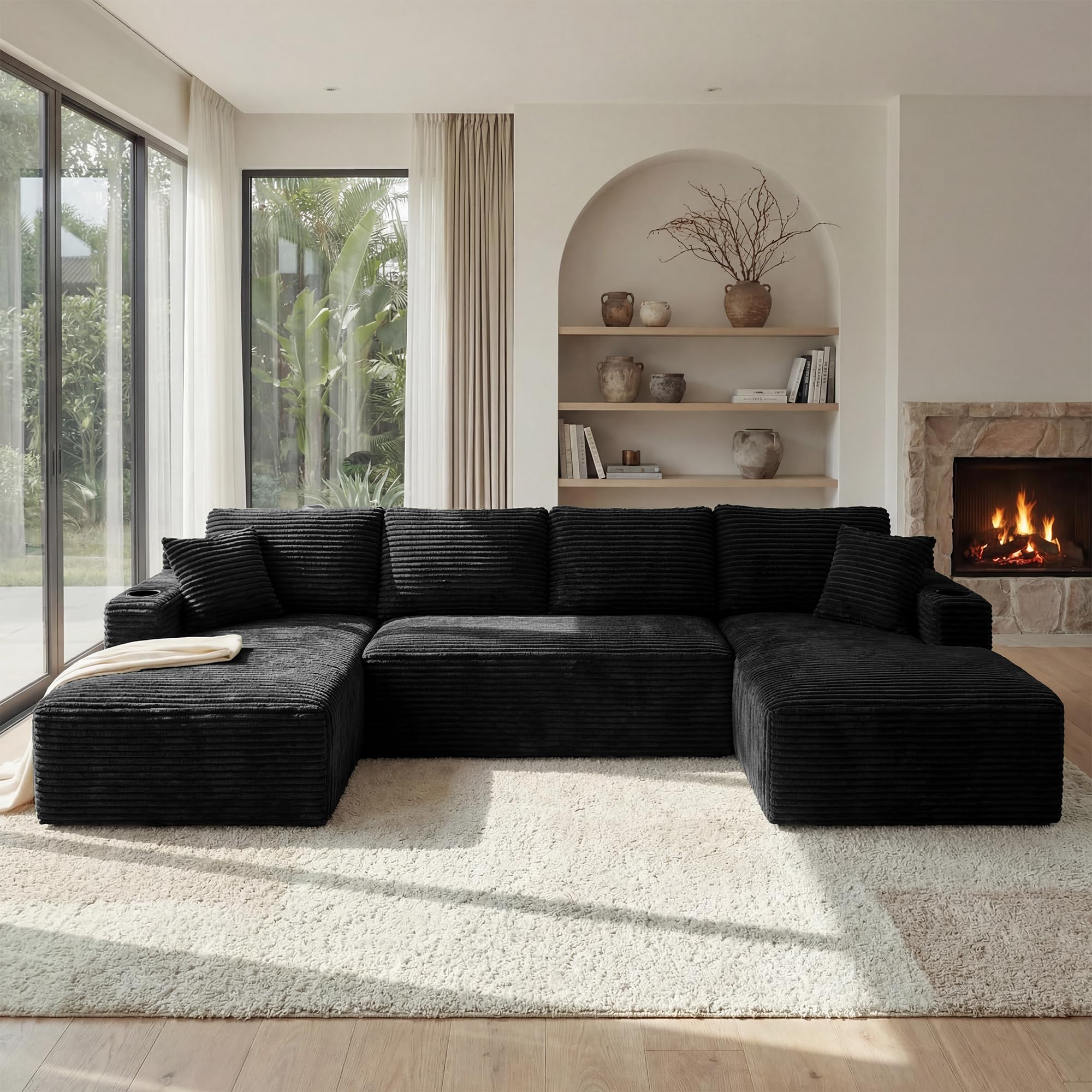 125" Oversized Cloud Boneless Couch with Chaise, Modern Modular Sofa with Deep Seat, Corduroy Upholstered U Shaped Couch for Living Room, No Assembly Required (Black)
