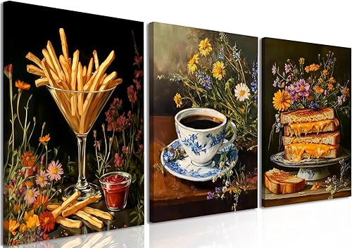 Juego de 3 pinturas artísticas de pared de comida y cocina, colorido comedor, queso, café, papas fritas, decoración de pared, póster vintage de