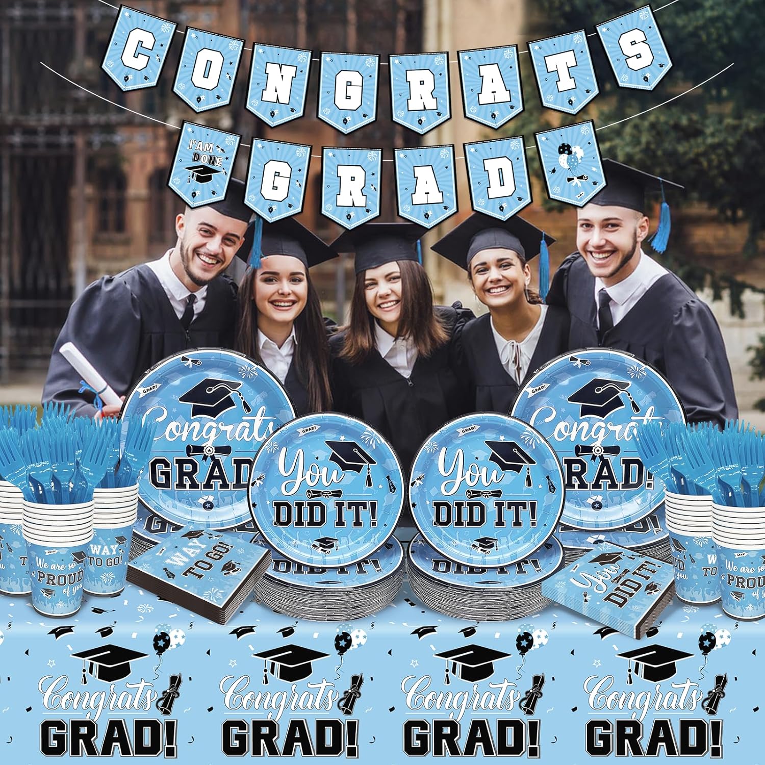 122Pcs Light Blue Graduation Decorations 2026 Graduation Plates and Napkins 2026 Light Blue Grad Party Supplies 2026 Grad Party Decorations