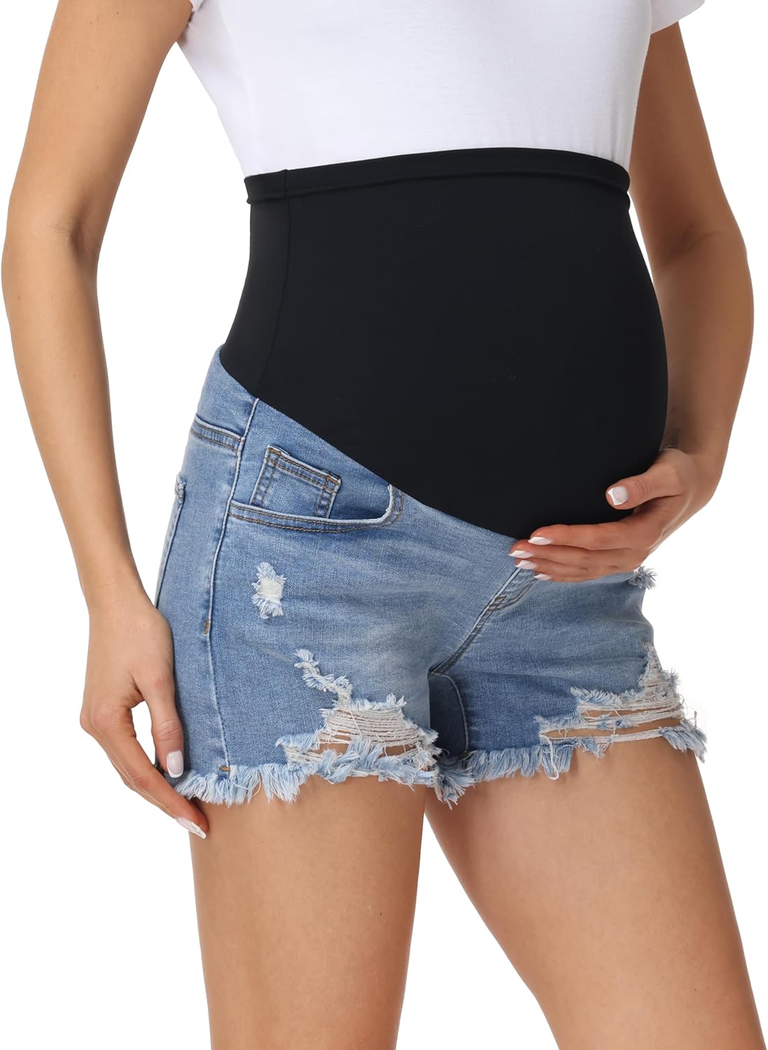 Foucome Maternity Jean Shorts Over Belly Stretchy Ripped Pregnancy Denim Shorts with Pockets
