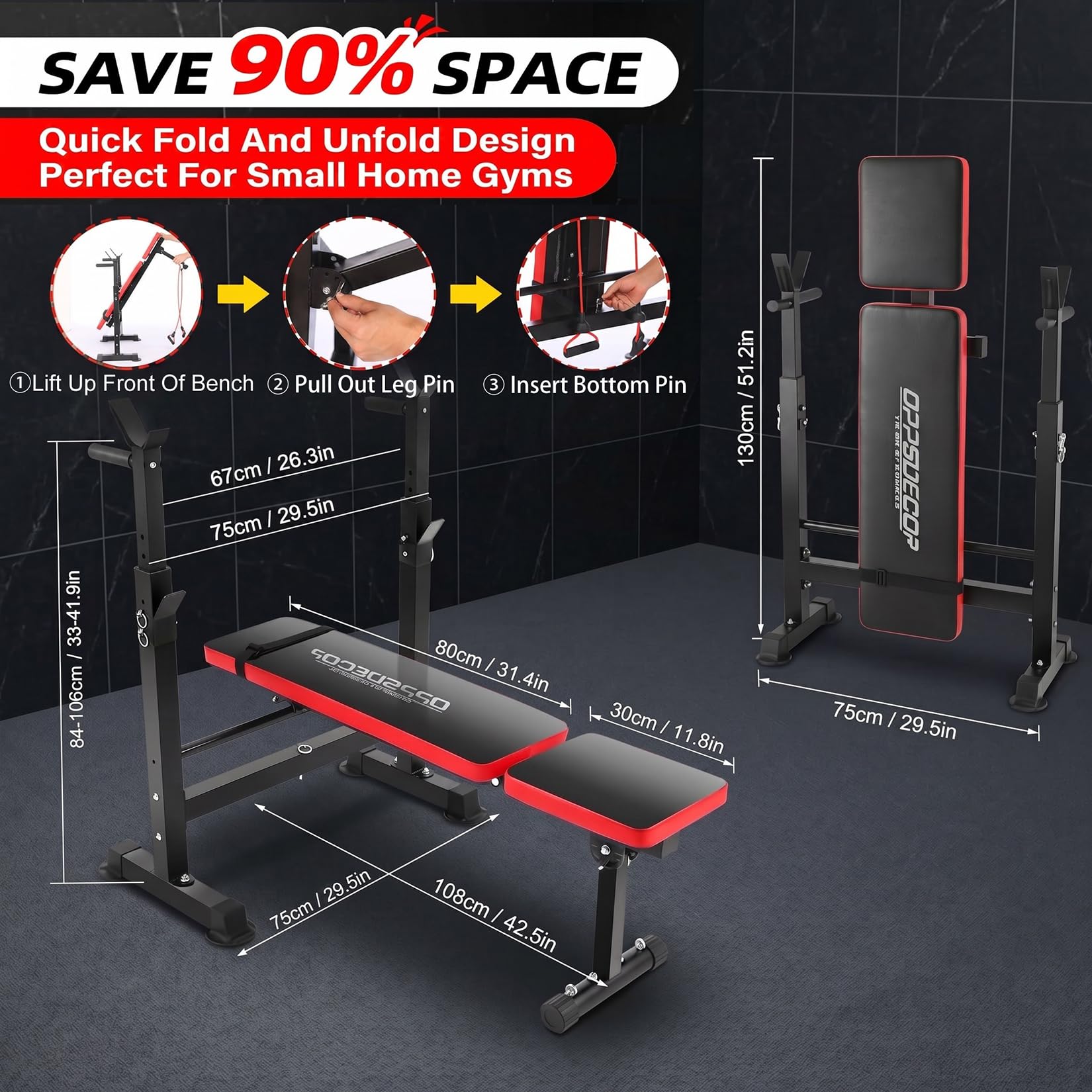 6-in-1 900LBS ASTM-Certified Foldable Weight Bench Set for Home Gym, Adjustable Bench Press Set with Leg Extension, Leg Curl, Preacher Curl, Barbell Squat Rack for Full Body Workout, Strength Training