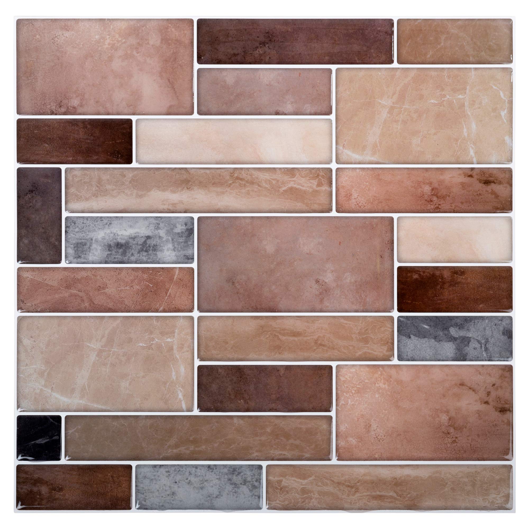 Truu Design Self-Adhesive Peel and Stick Marble Look Subway Wall Tiles for Kitchen, Living Room & Bathroom, Beige, 10 x 10 inches, Model: 10783DC-6