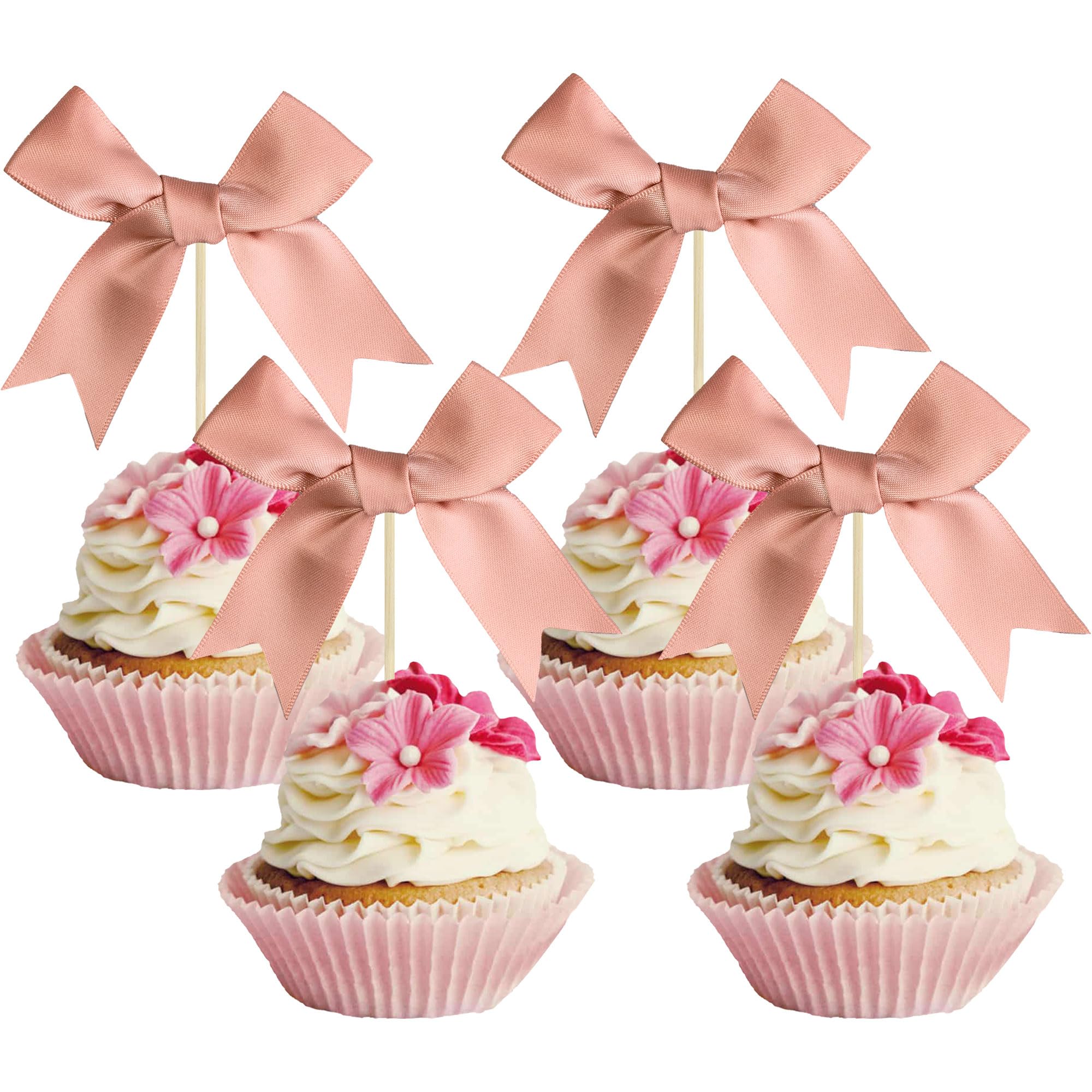 Gyfise 24Pcs Bow Cupcake Toppers Bowknot Coquette Bow Girls Birthday Cake Decorations Bowknot Cupcake Picks for Baby Shower Birthday Wedding Bridal Engagement Party Supplies Lotus Root Pink