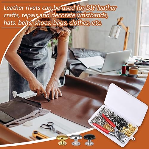 Miniatura 6 de 180 juegos de remaches de cuero de 0.236 in, remaches de cuero de doble tapa redonda, 3 tapas de colores, remaches de cuero, tachuelas de metal con