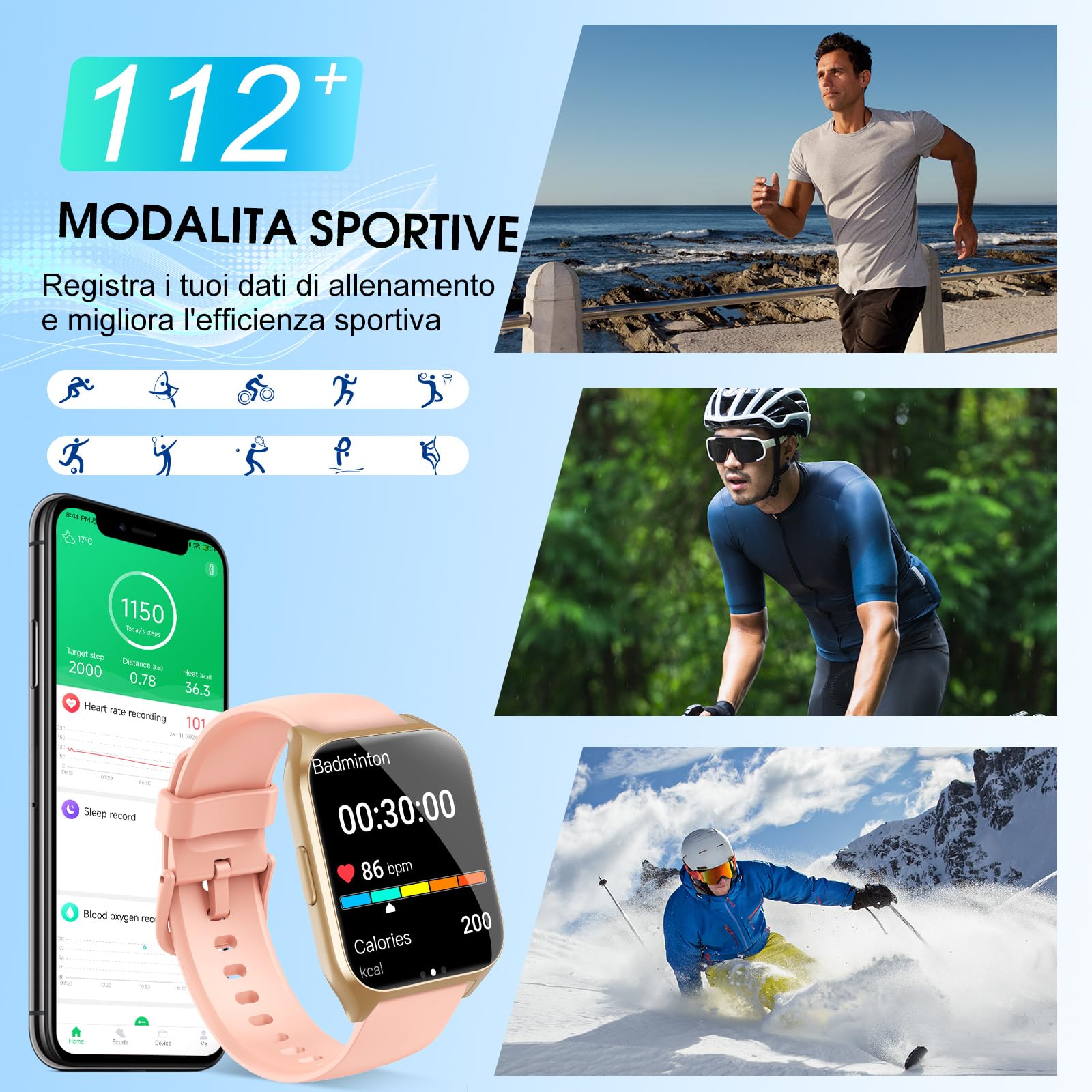Smartwatch Donna con Effettua o Risposta Chiamate, 1.85" Orologio Smartwatch, Contapassi Sonno Cardiofrequenzimetro, 112 Modalità Sportive Fitness Tracker, IP68 Smart watch per Android iOS, Oro Rosa