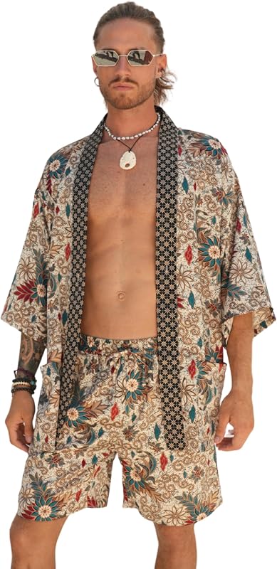Men’s Boho Kimono Set with Shorts – Silky-Soft Bali Lounge Robe, Free Size S–L Summer Style