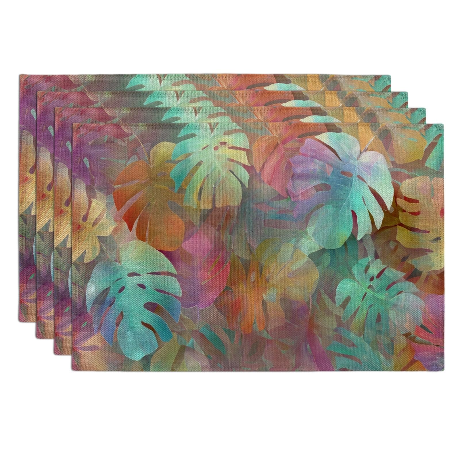 Tropical Leaves Placemats, Colorful Botanical Place mats for Dining Table, Non-Slip Washable Indoor Outdoor Party Decorative Placemat Set of 4