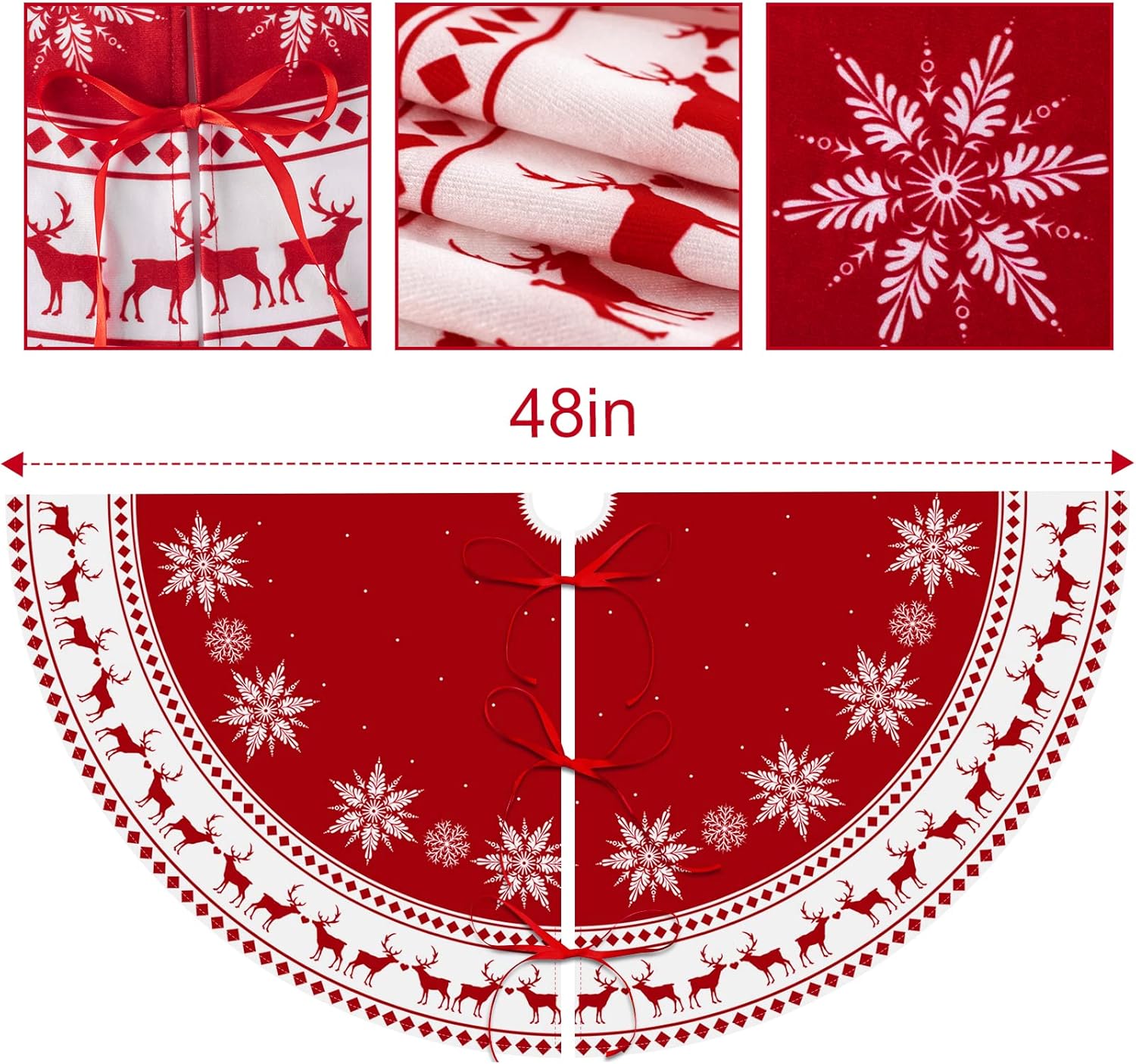 Christmas Tree Skirt 48 inch Tree Skirt Large Snowflake Reindeer Red Xmas Tree Skirt Rustic Christmas Decorations for Winter New Year Holiday Party Decor Indoor Outdoor : Home & Kitchen