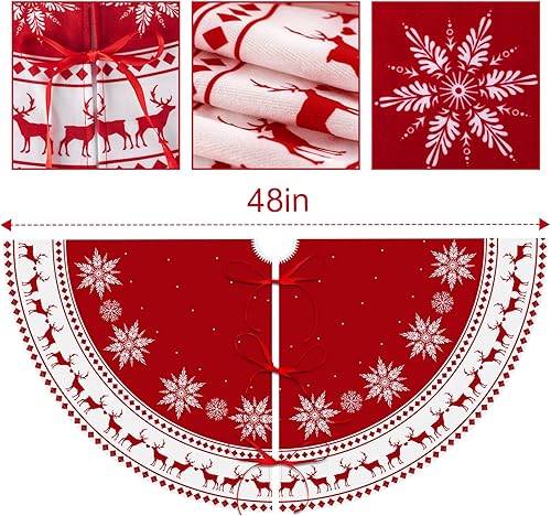 Miniatura 6 de Falda de árbol de Navidad de 48 pulgadas, falda de árbol de Navidad grande con copos de nieve, renos, color rojo, decoraciones rústicas de Navidad