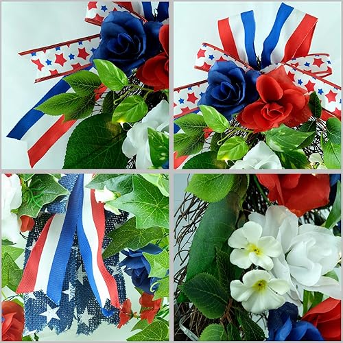 Miniatura 6 de YULETIME Botín decorativo de lágrima de 24 pulgadas, funciona con pilas, guirnalda temática patriótica con luces de hadas, rosas rojas, blancas y