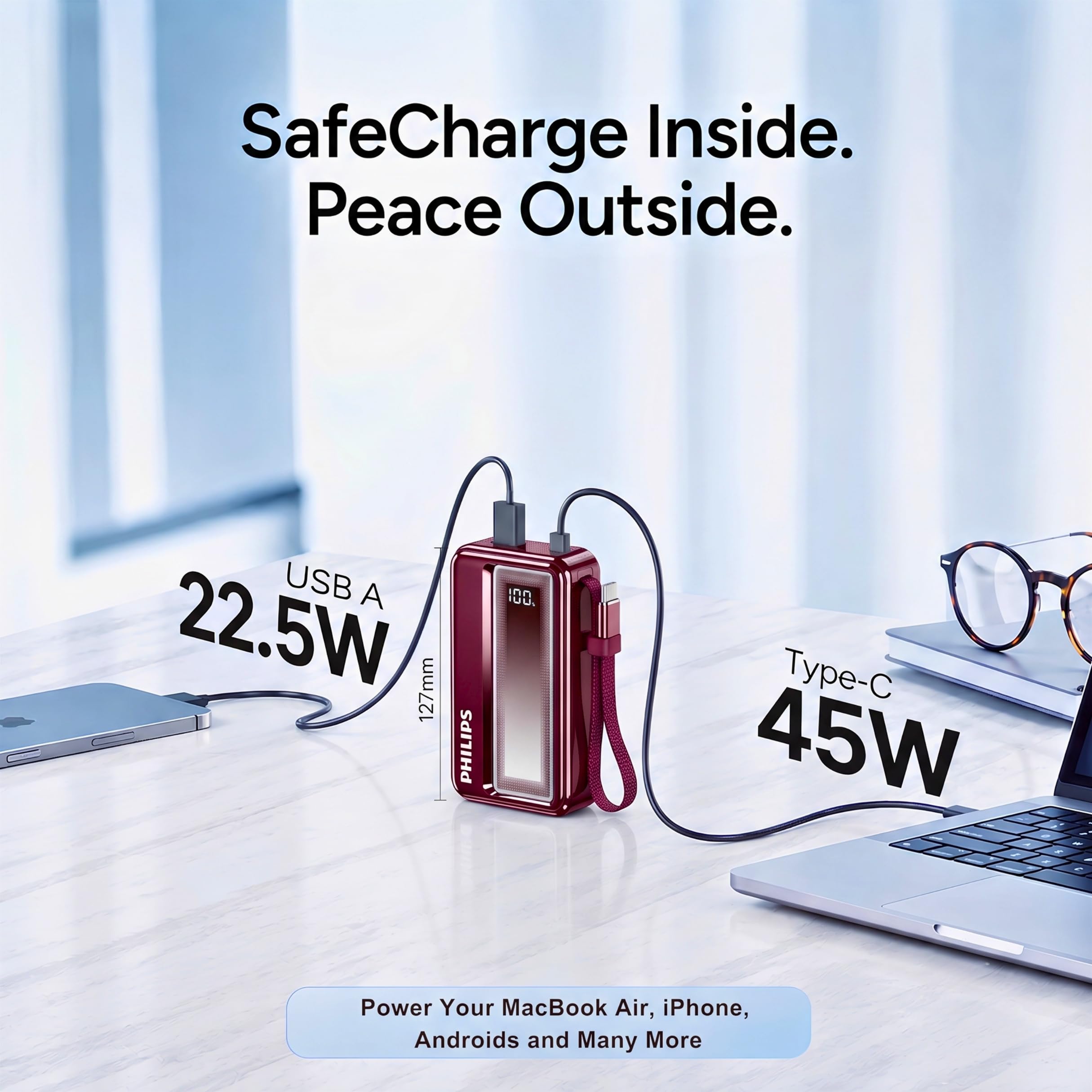 Philips DLP2721NR/94 20000mAh 45W Fast Charging Power Bank with Built-in Type-C Cable (Iron Red) | Digital LED Display | Lithium Polymer | 2 Type-C & USB-A | Pocket Size | Compact & Travel-Friendly — Amazon image 5