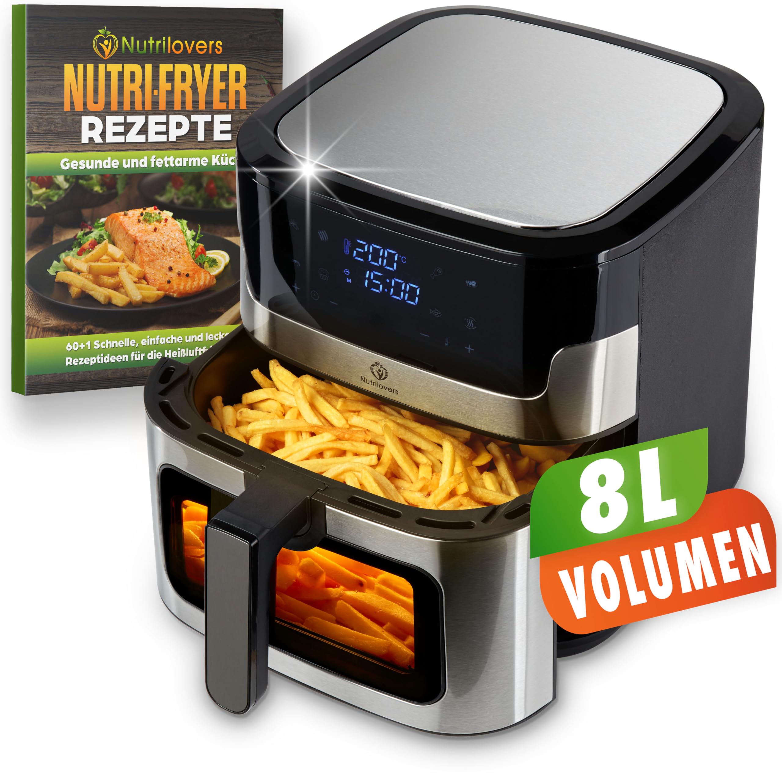 Nutrilovers Heißluftfritteuse NUTRI-FRYER EDELSTAHL XXL 8L, 2000W, Airfryer Edelstahl mit LED Touch Display, Double Heating Technologie, Sichtfenster, fettarme Pommes Fritteuse ohne Öl inkl. Rezepte